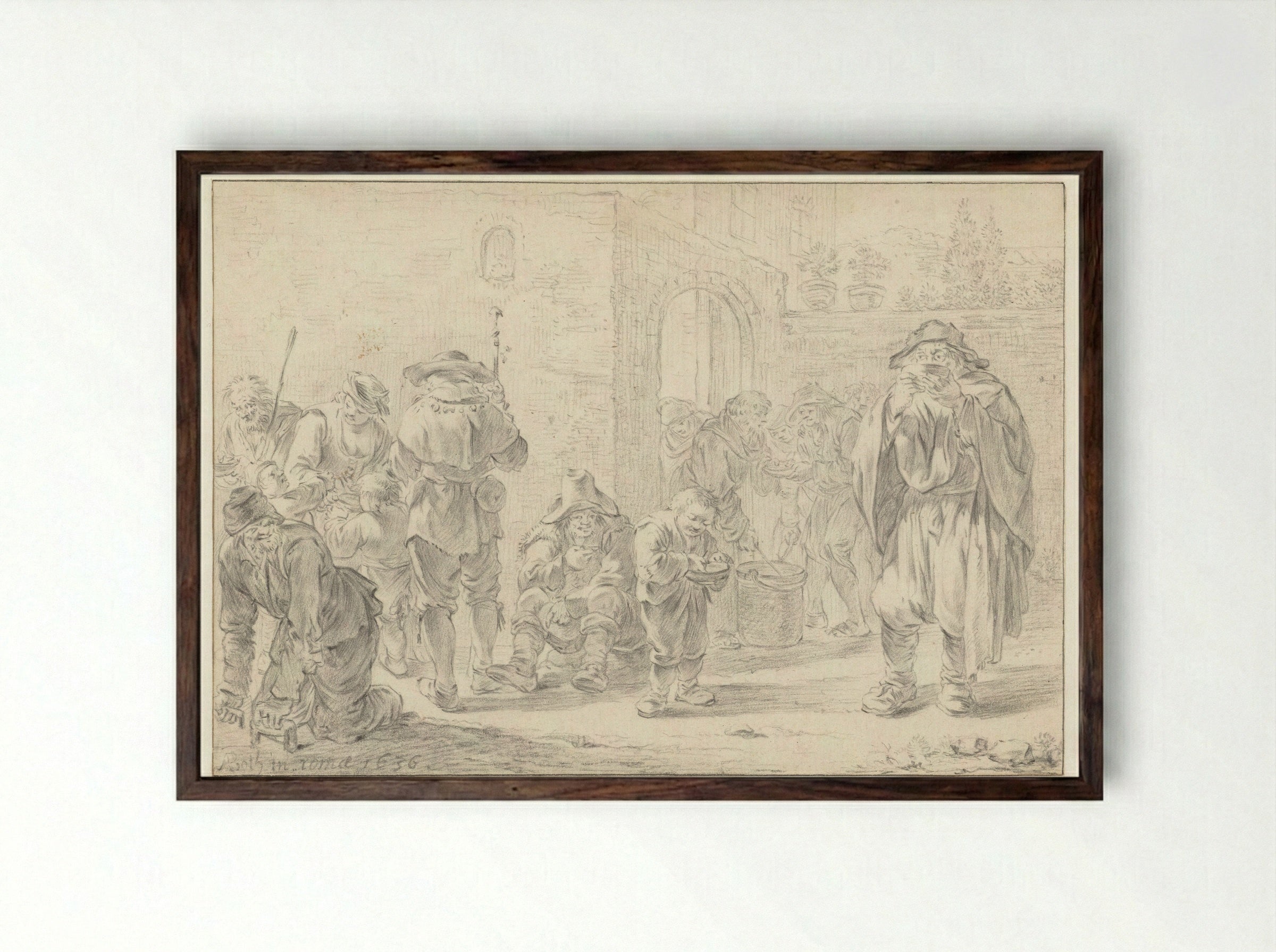 Distribution of Food to Pilgrims and Beggars at a Monastery Gate - Andries Both - Framed Print Dark Wood