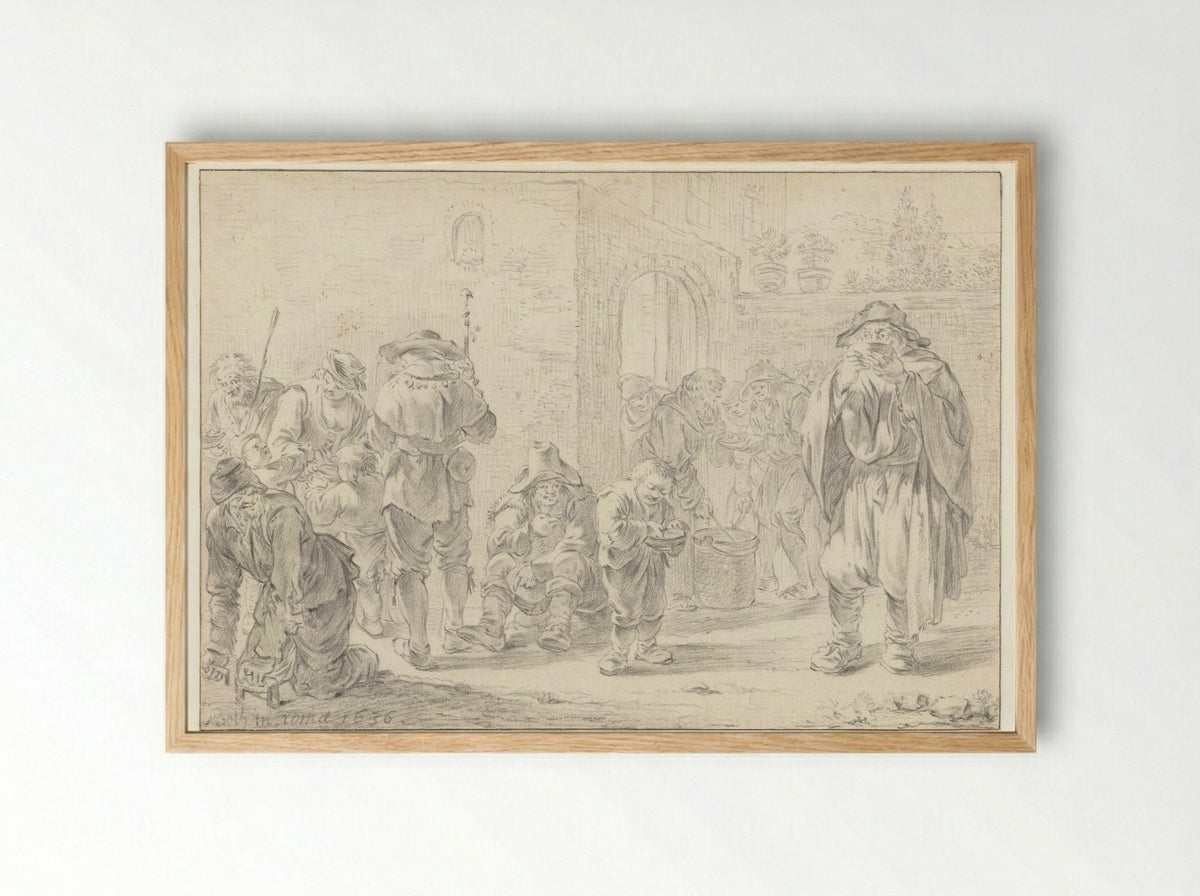 Distribution of Food to Pilgrims and Beggars at a Monastery Gate - Andries Both - Framed Print Wood