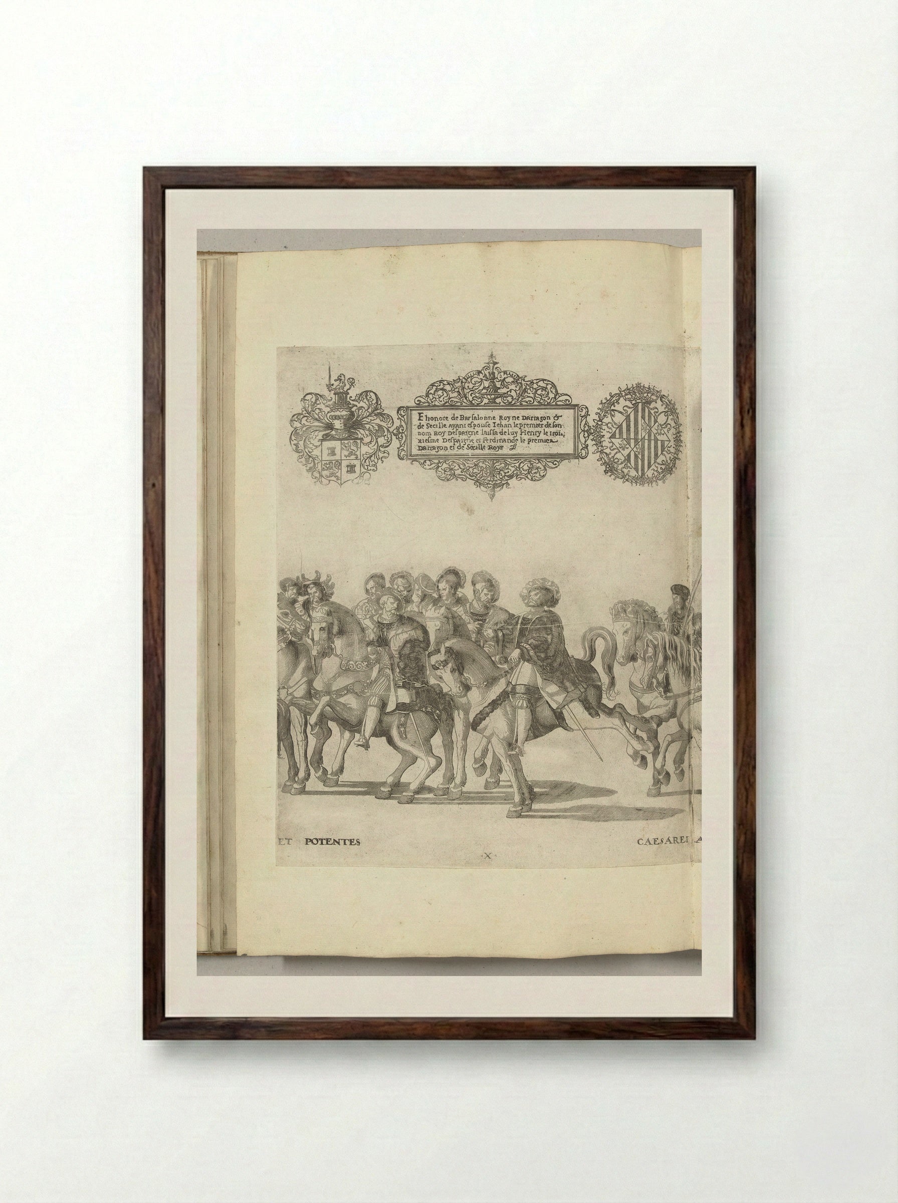Diverse edelen, plaat X - Nicolaas Hogenberg - Framed Print Dark Wood