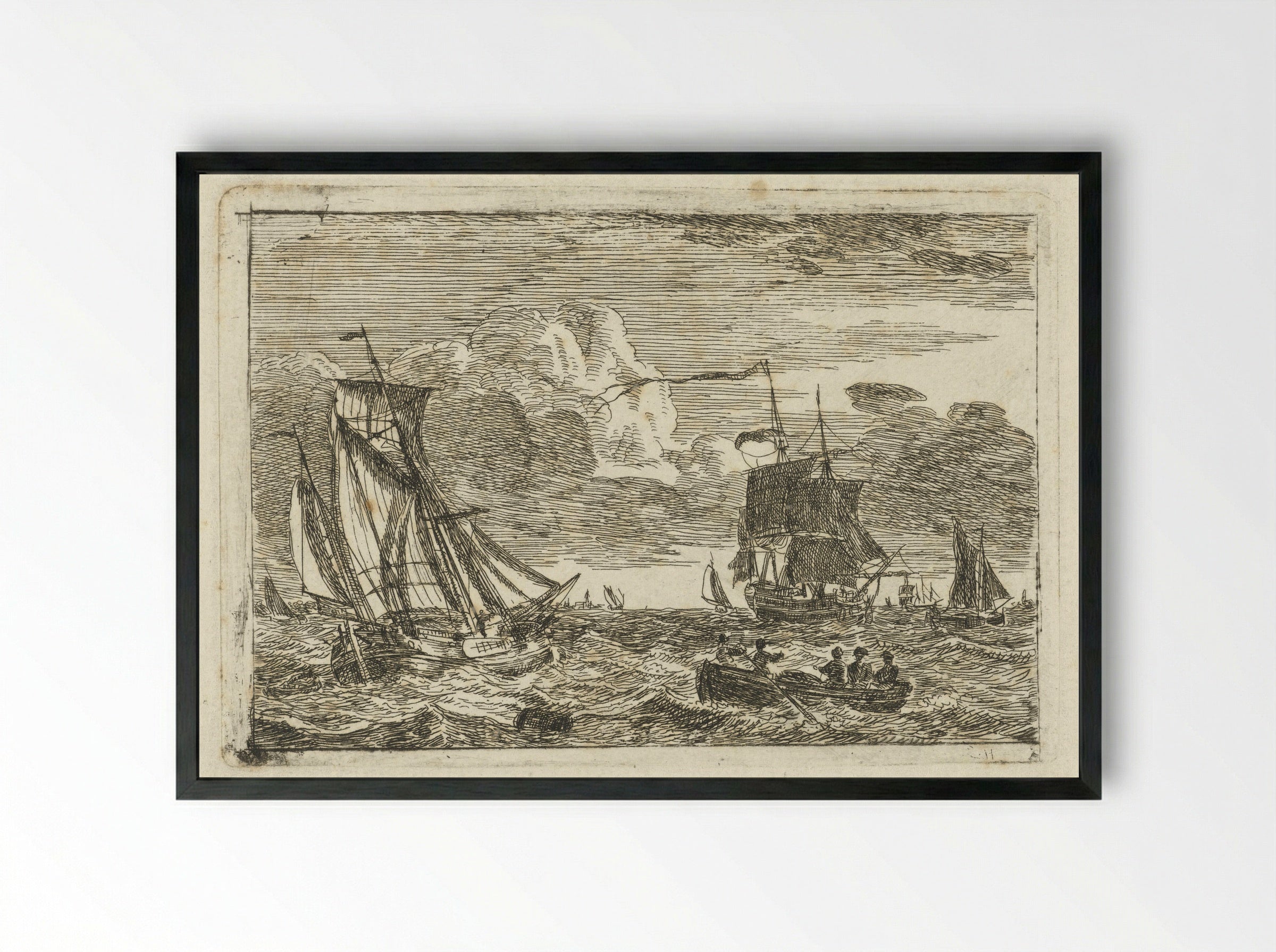 Diverse zeilschepen en een sloep op zee - Gerrit Groenewegen - Framed Print Black