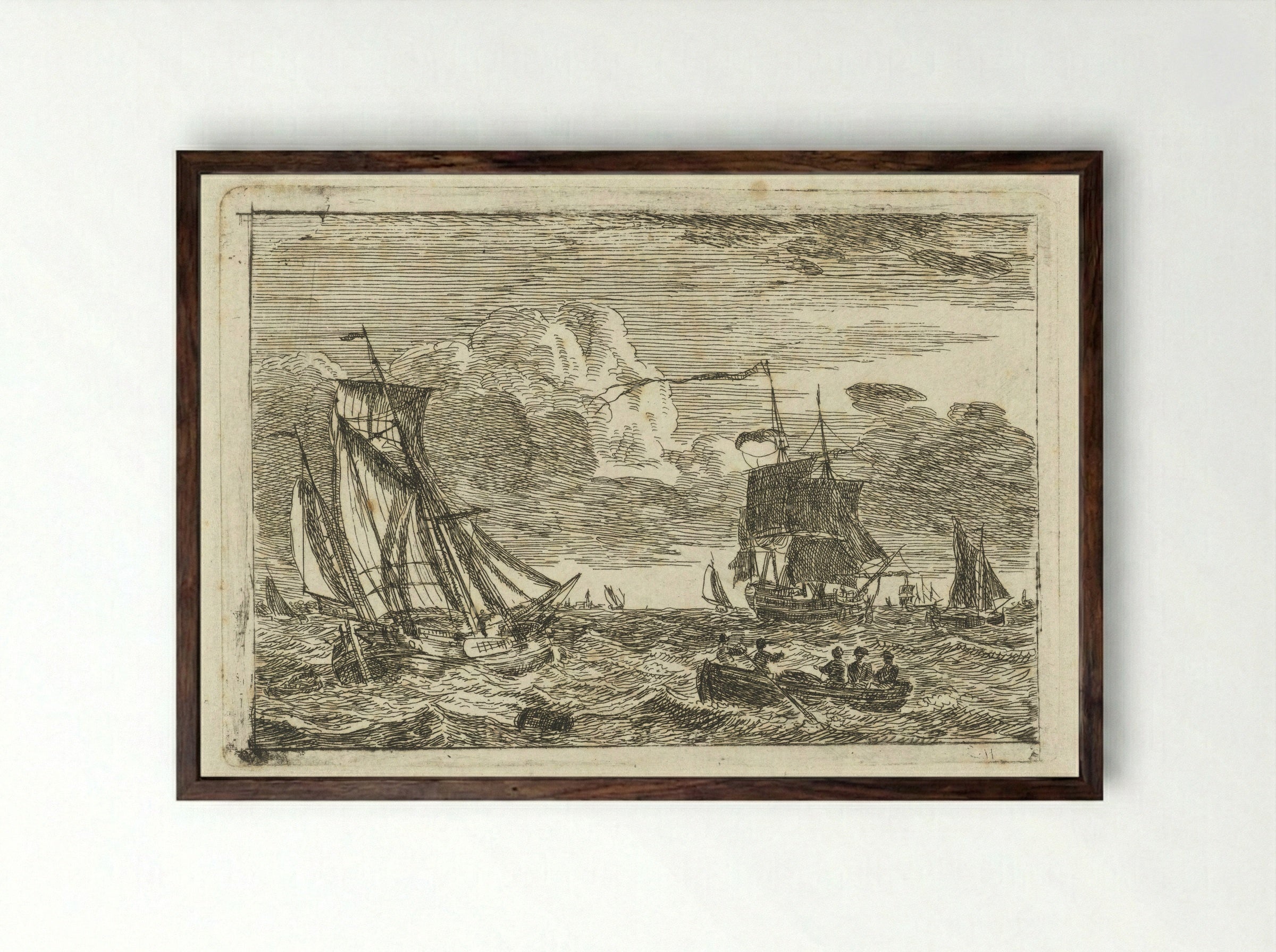 Diverse zeilschepen en een sloep op zee - Gerrit Groenewegen - Framed Print Dark Wood