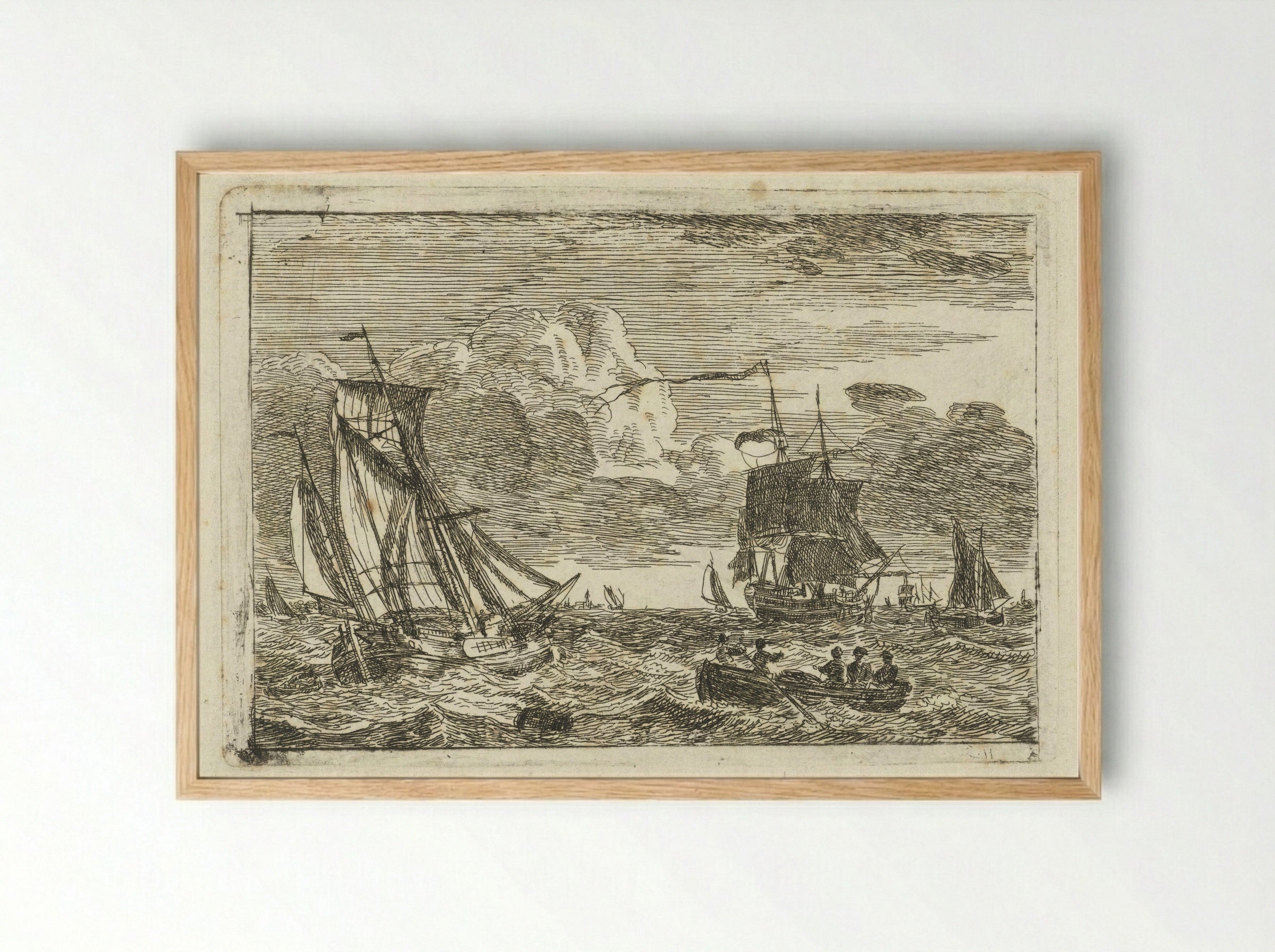 Diverse zeilschepen en een sloep op zee - Gerrit Groenewegen - Framed Print Wood