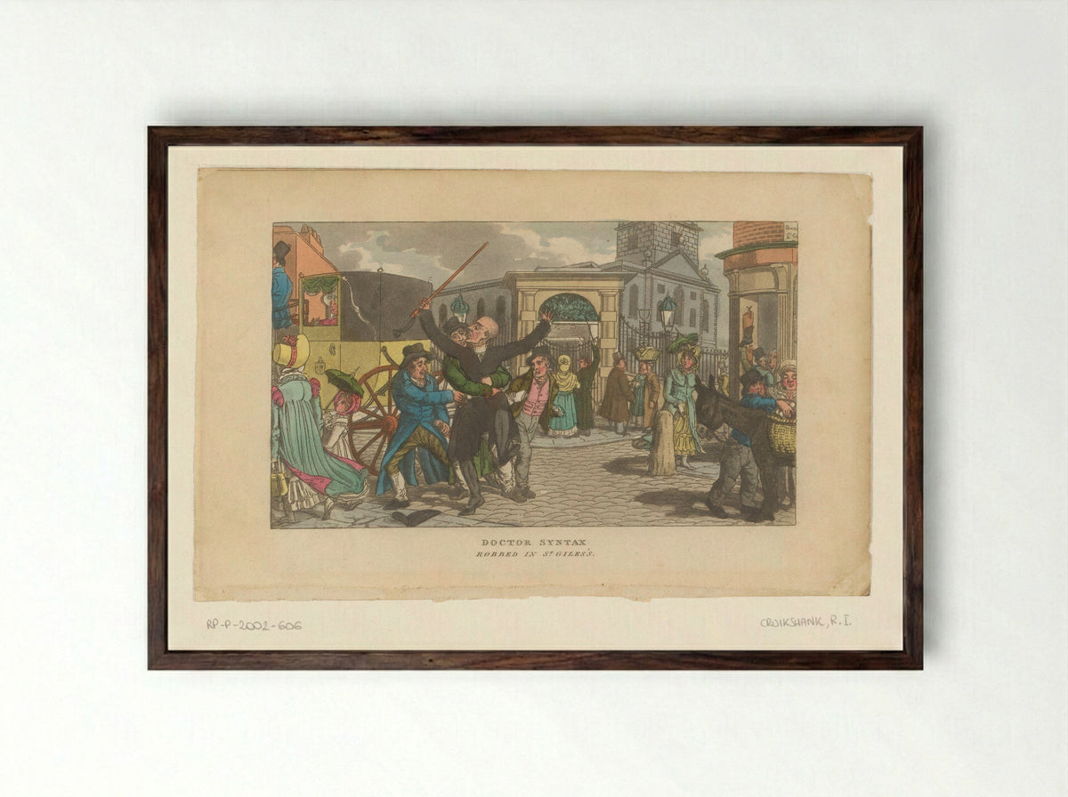 Doctor Syntax Robbed in St. Giles - Robert Isaac Cruikshank - Framed Print Dark Wood