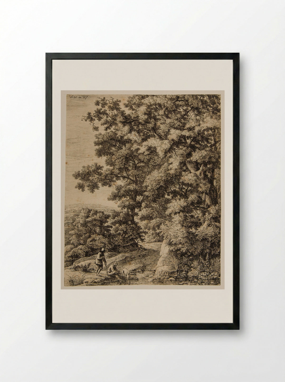 Dog Drinking in the Stream - Anthonie Waterloo - Framed Print Black