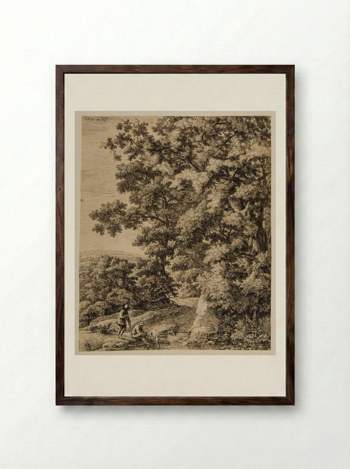 Dog Drinking in the Stream - Anthonie Waterloo - Framed Print Dark Wood