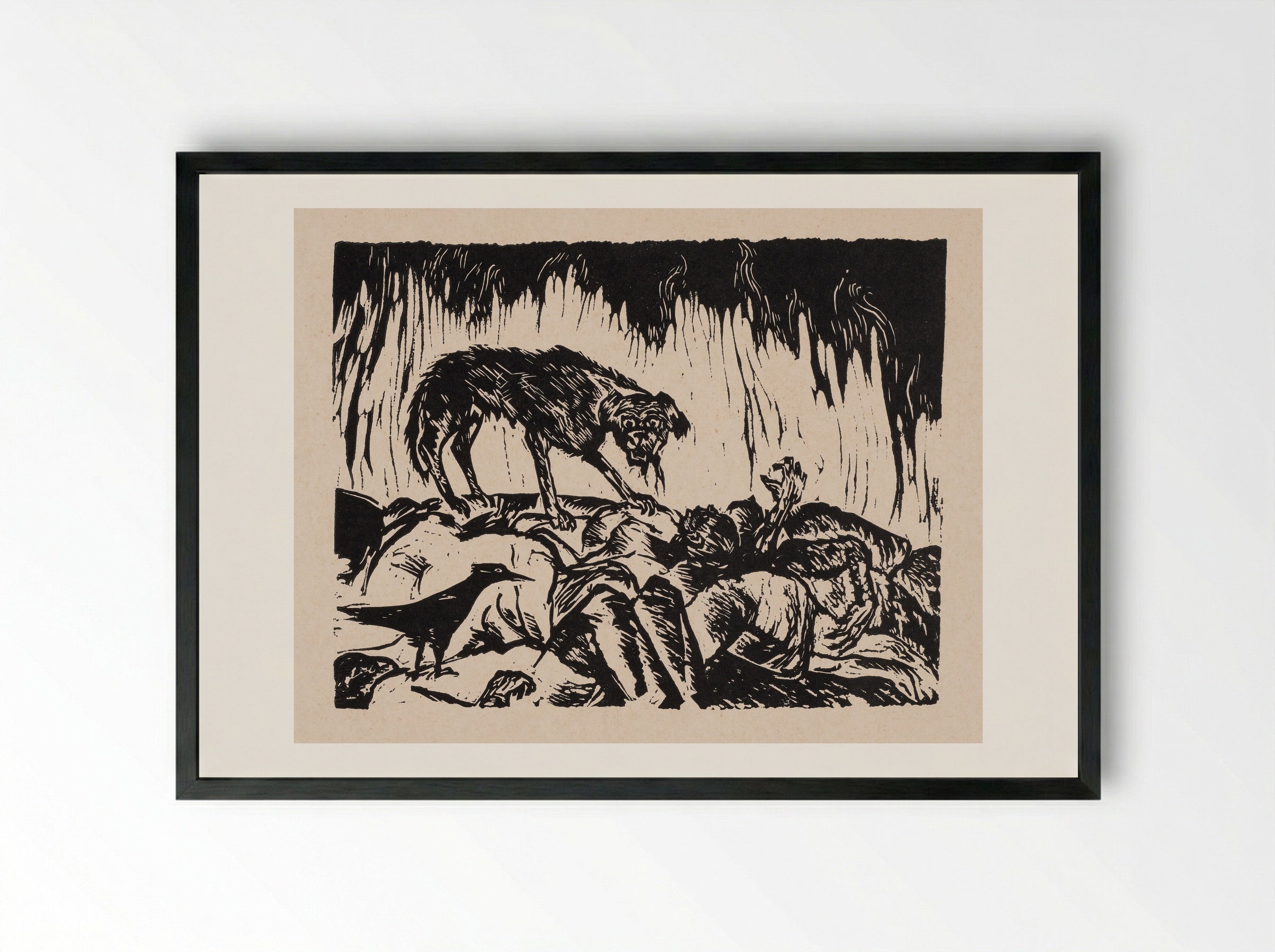 Dog and Crow Feeding on Corpses - W. Mezentseva - Framed Print Black