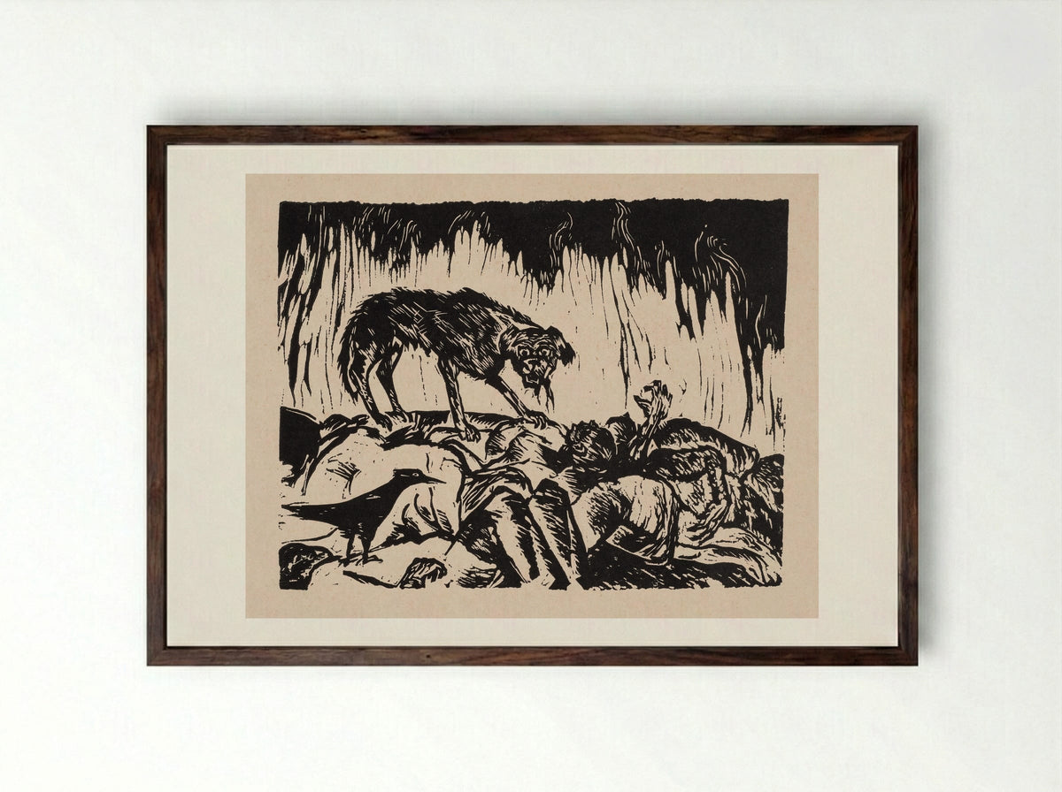 Dog and Crow Feeding on Corpses - W. Mezentseva - Framed Print Dark Wood
