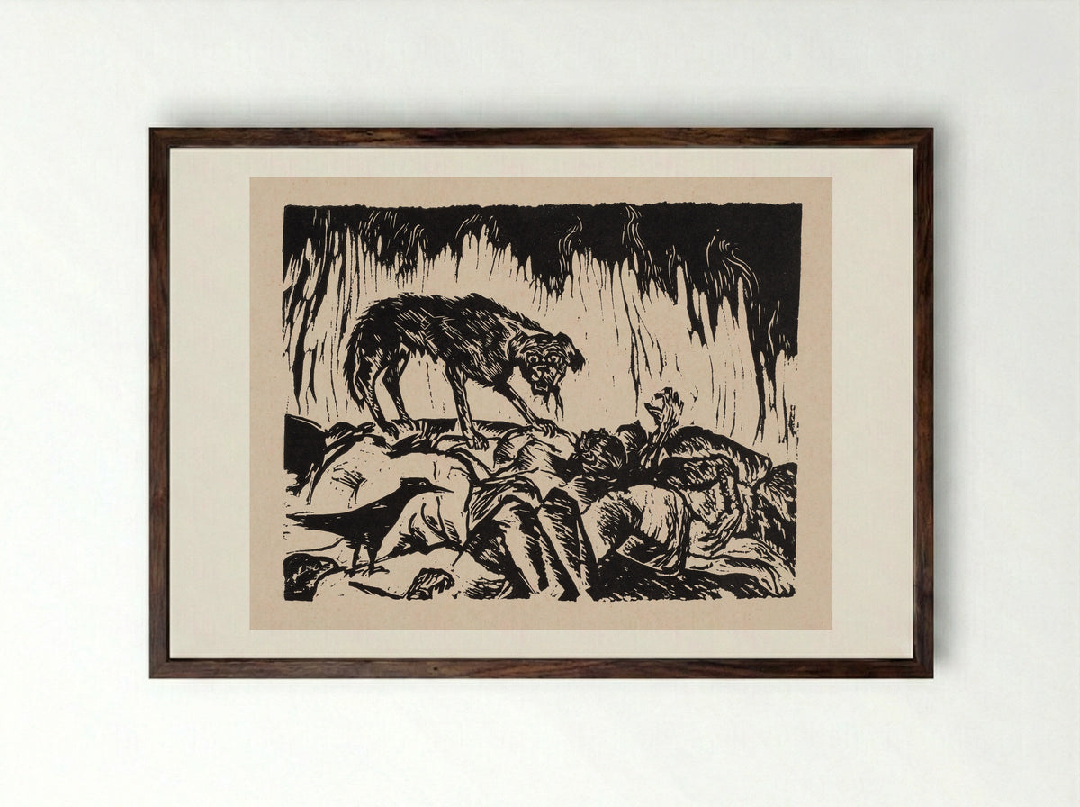 Dog and Crow Feeding on Corpses - W. Mezentseva - Framed Print Dark Wood
