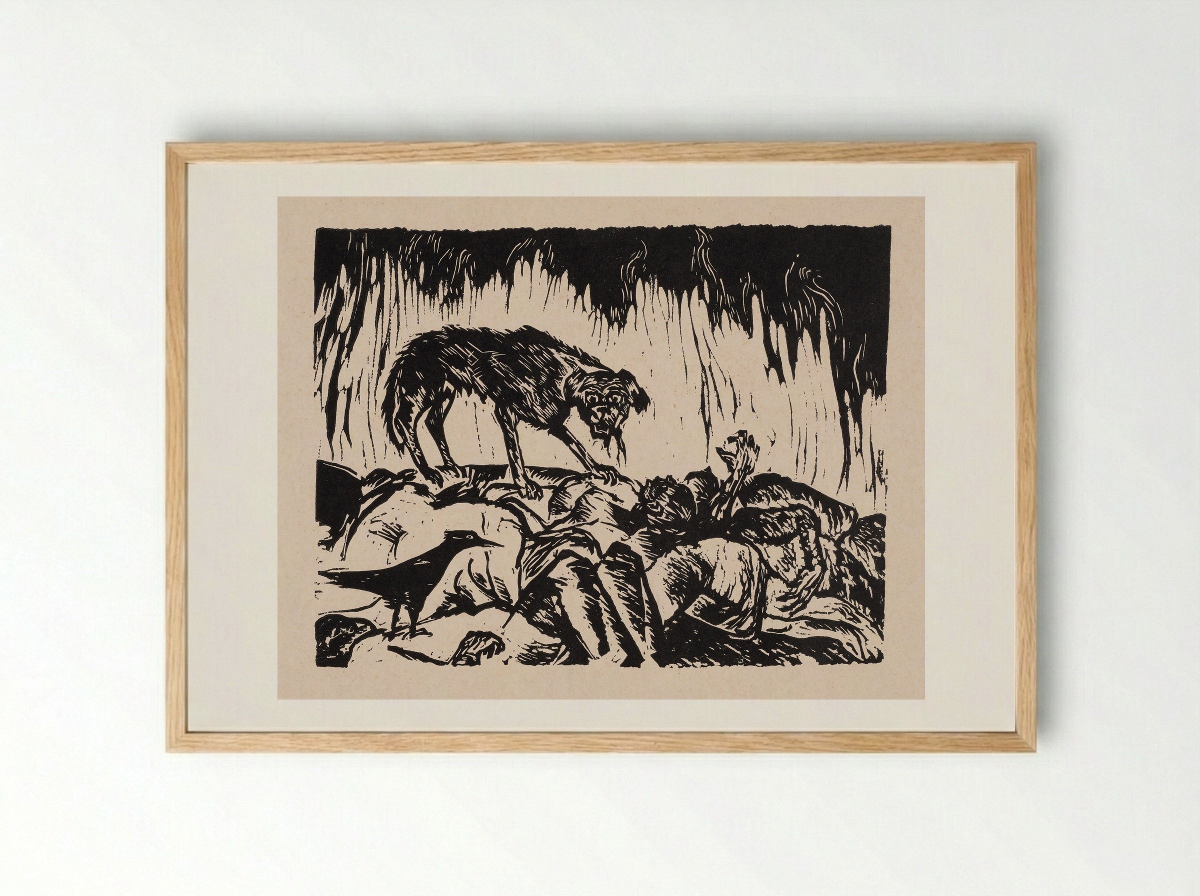 Dog and Crow Feeding on Corpses - W. Mezentseva - Framed Print Wood