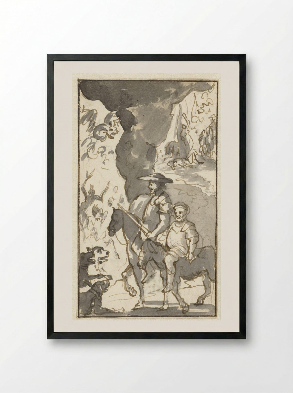 Don Quixote and Sancho Panza Riding Past a Forge - Caspar Luyken - Framed Print Black