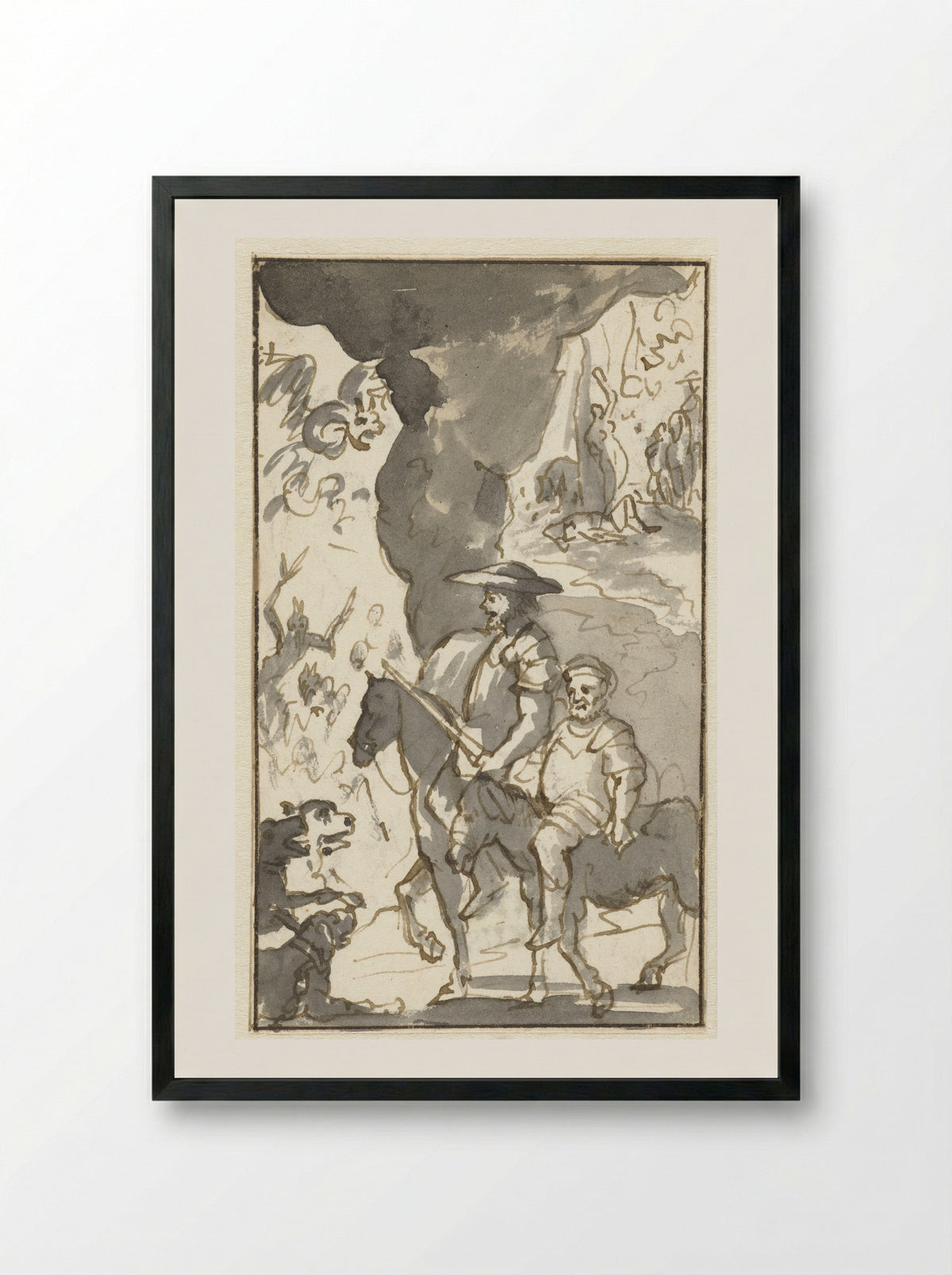 Don Quixote and Sancho Panza Riding Past a Forge - Caspar Luyken - Framed Print Black