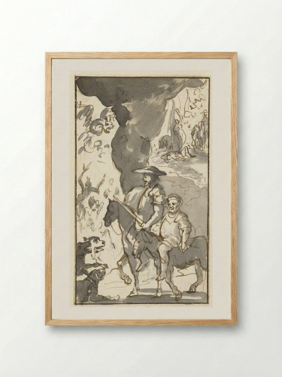 Don Quixote and Sancho Panza Riding Past a Forge - Caspar Luyken - Framed Print Wood