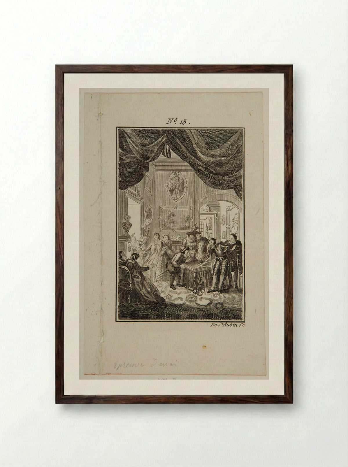 Don Quixote consults the enchanted head at Don Antonio Moreno's place - Augustin de Saint-Aubin - Framed Print Dark Wood
