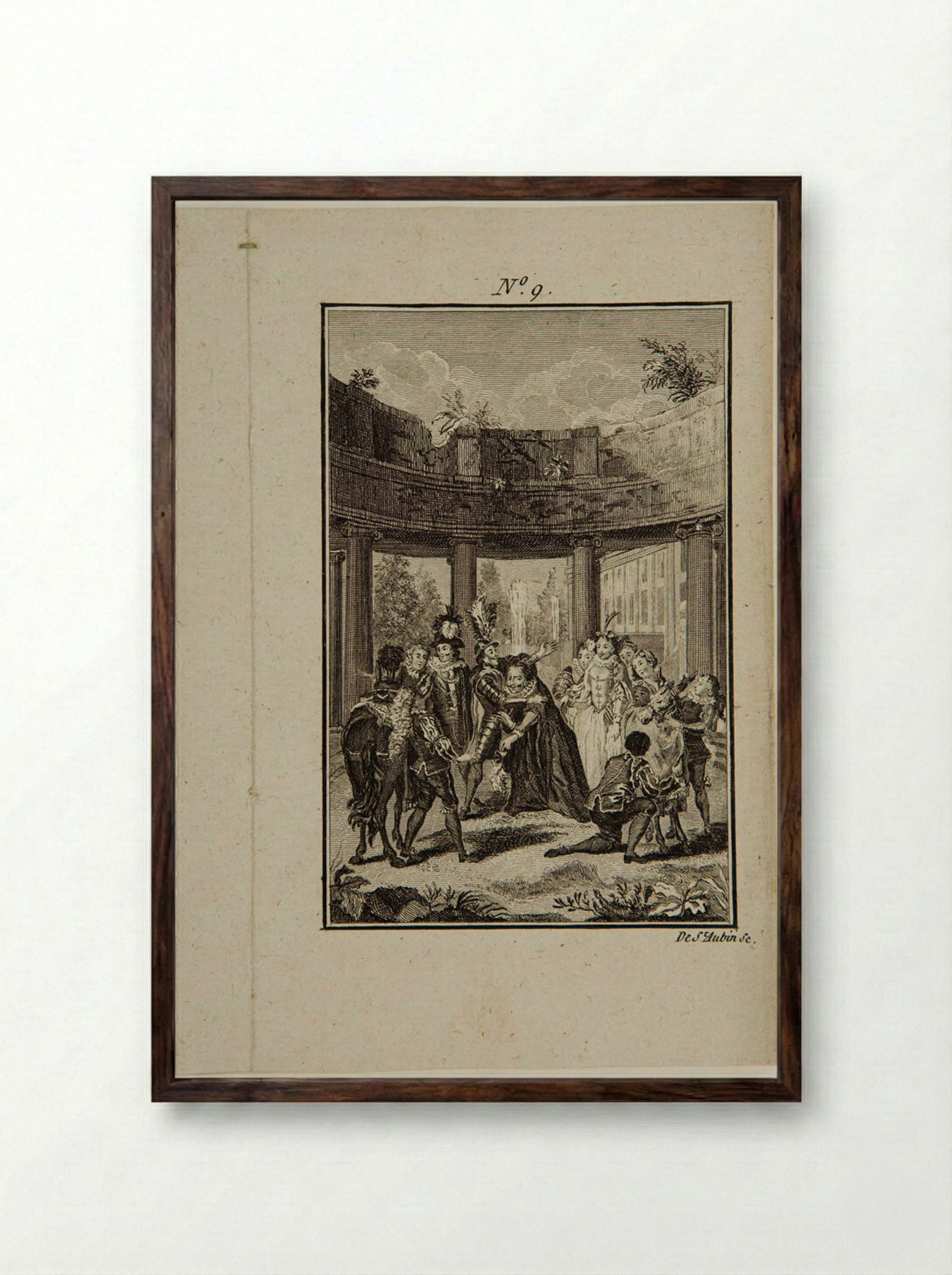 Don Quixote embraces Sancho before the squire leaves for the Island of Barataria - Augustin de Saint-Aubin - Framed Print Dark Wood