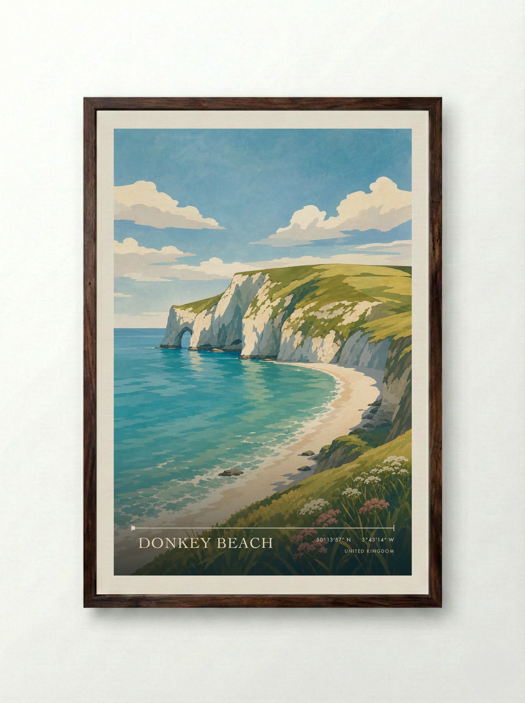 Donkey Beach United Kingdom Travel Poster - Framed Print Dark Wood