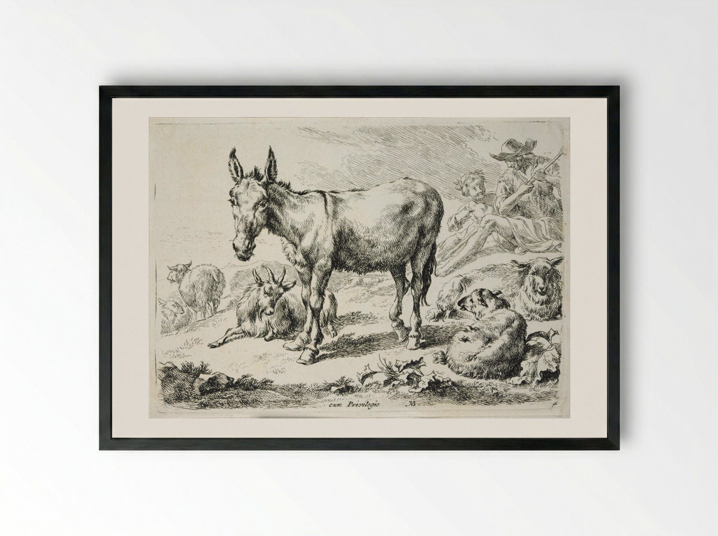 Donkey, Sheep, and Goats - Nicolaes Berchem - Framed Print Black