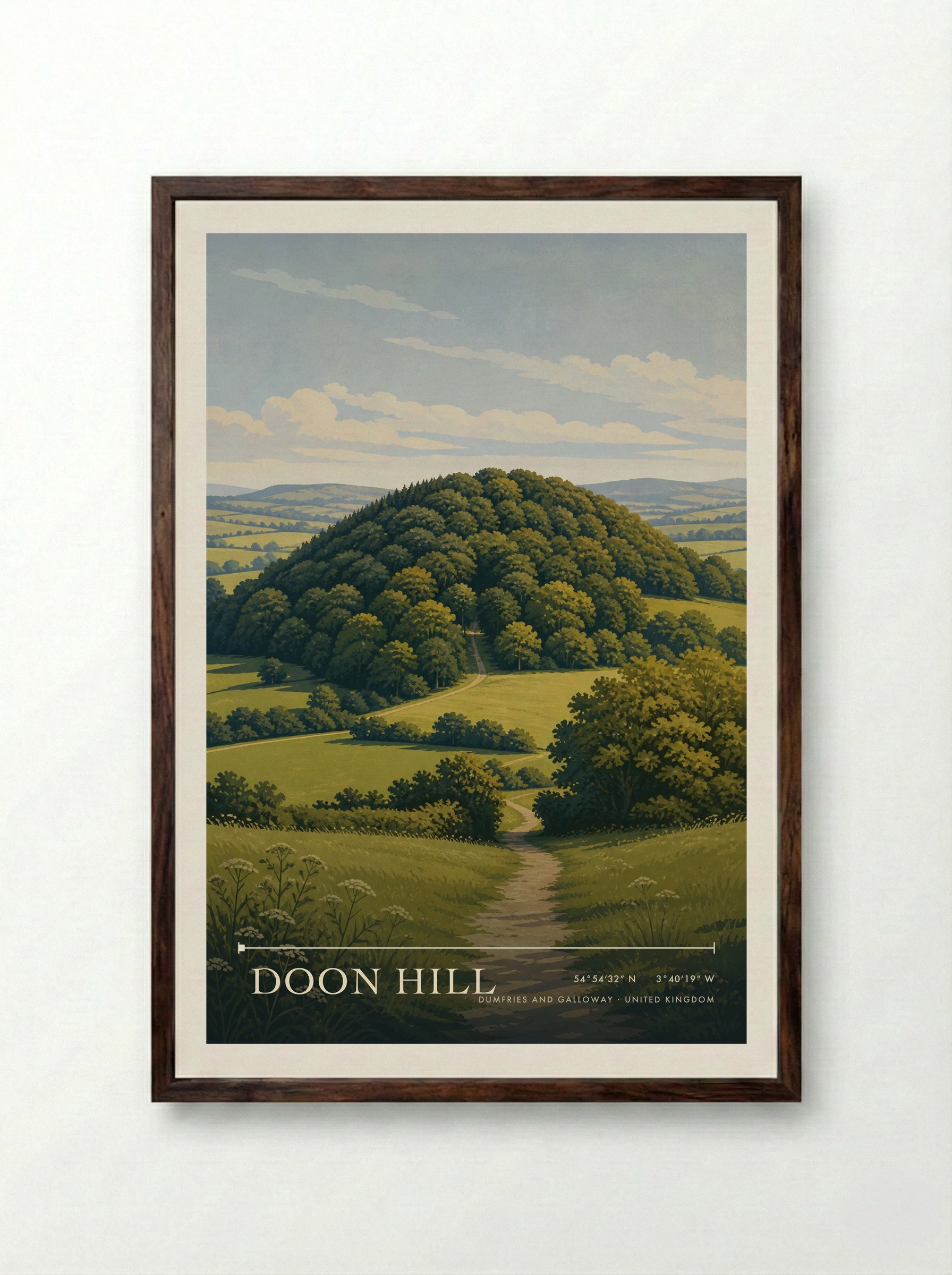 Doon Hill Dumfries and Galloway United Kingdom Travel Poster - Framed Print Dark Wood