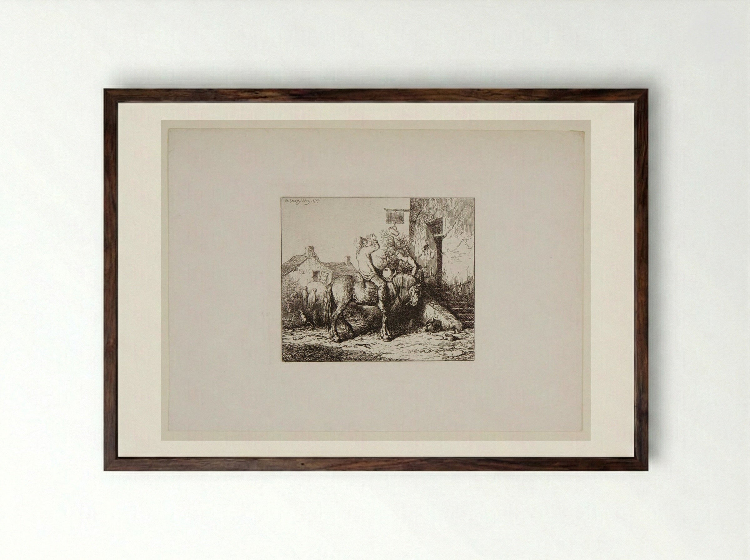 Door of a Tavern - Charles-Émile Jacque - Framed Print Dark Wood