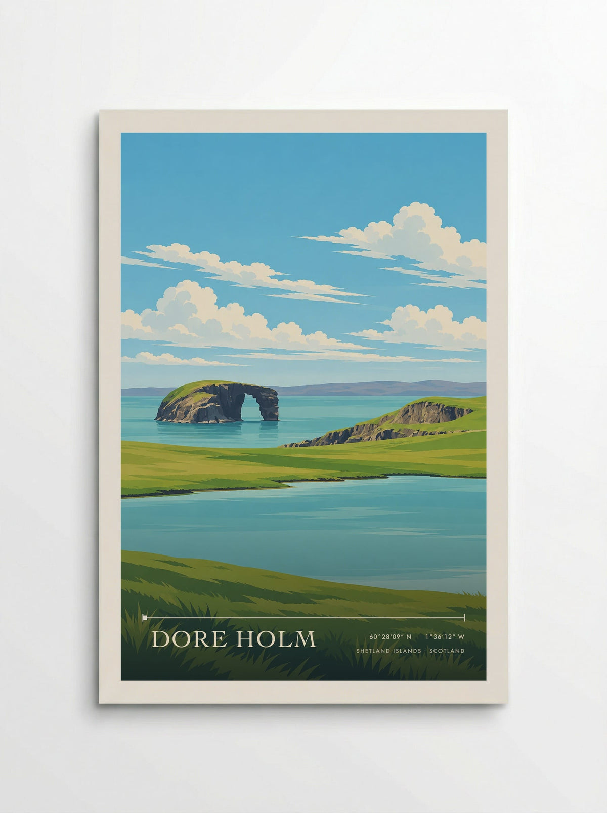 Dore Holm, Shetland Islands travel poster: its natural sea arch in dark rock, a grassy island crown and turquoise water beside green headlands under summ