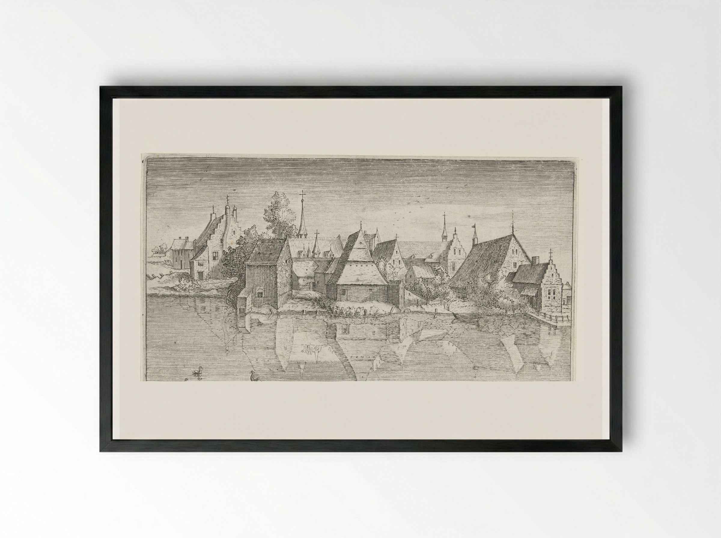 Dorp aan een rivier - Hendrick Hondius (I) - Framed Print Black