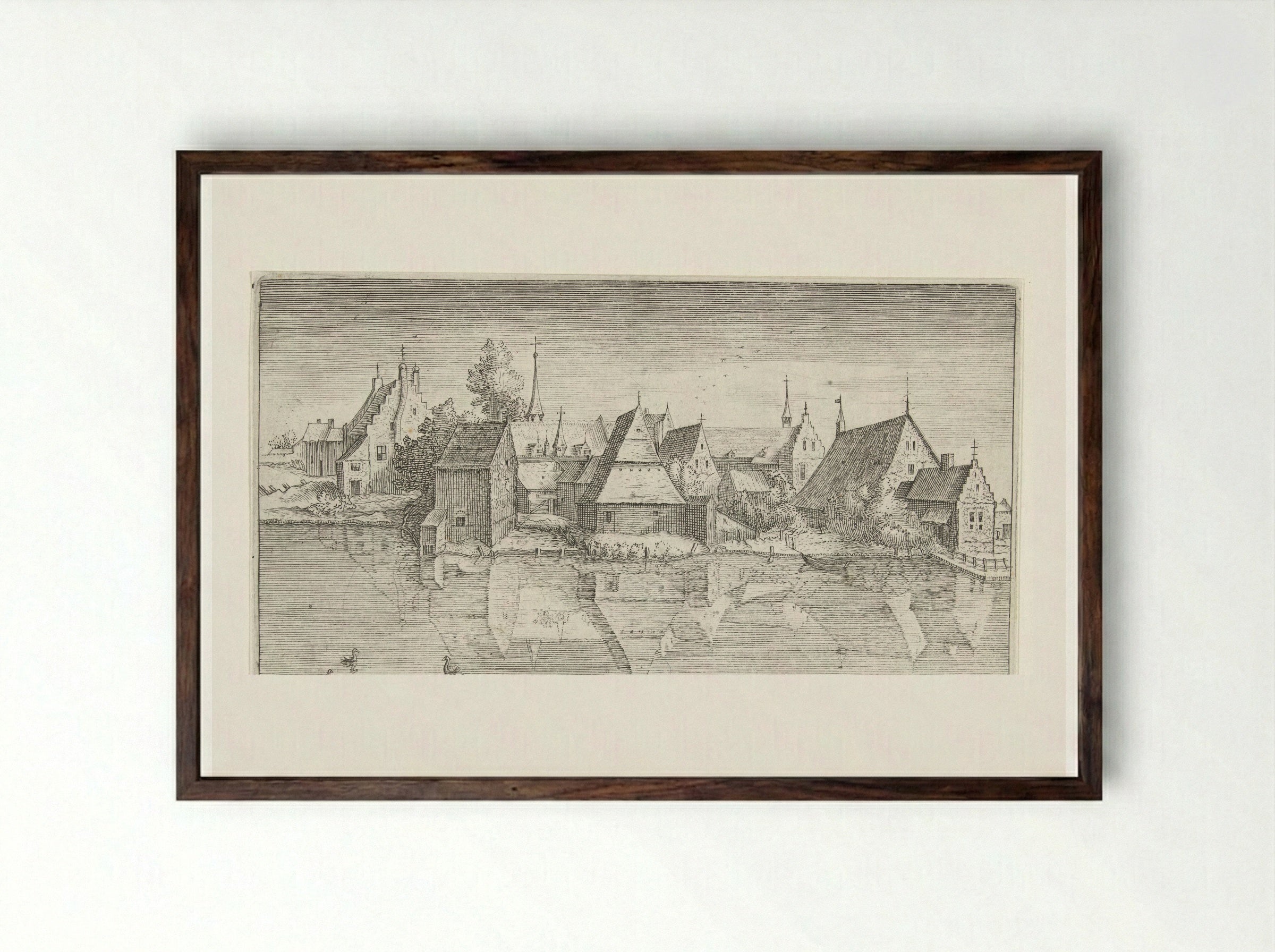 Dorp aan een rivier - Hendrick Hondius (I) - Framed Print Dark Wood