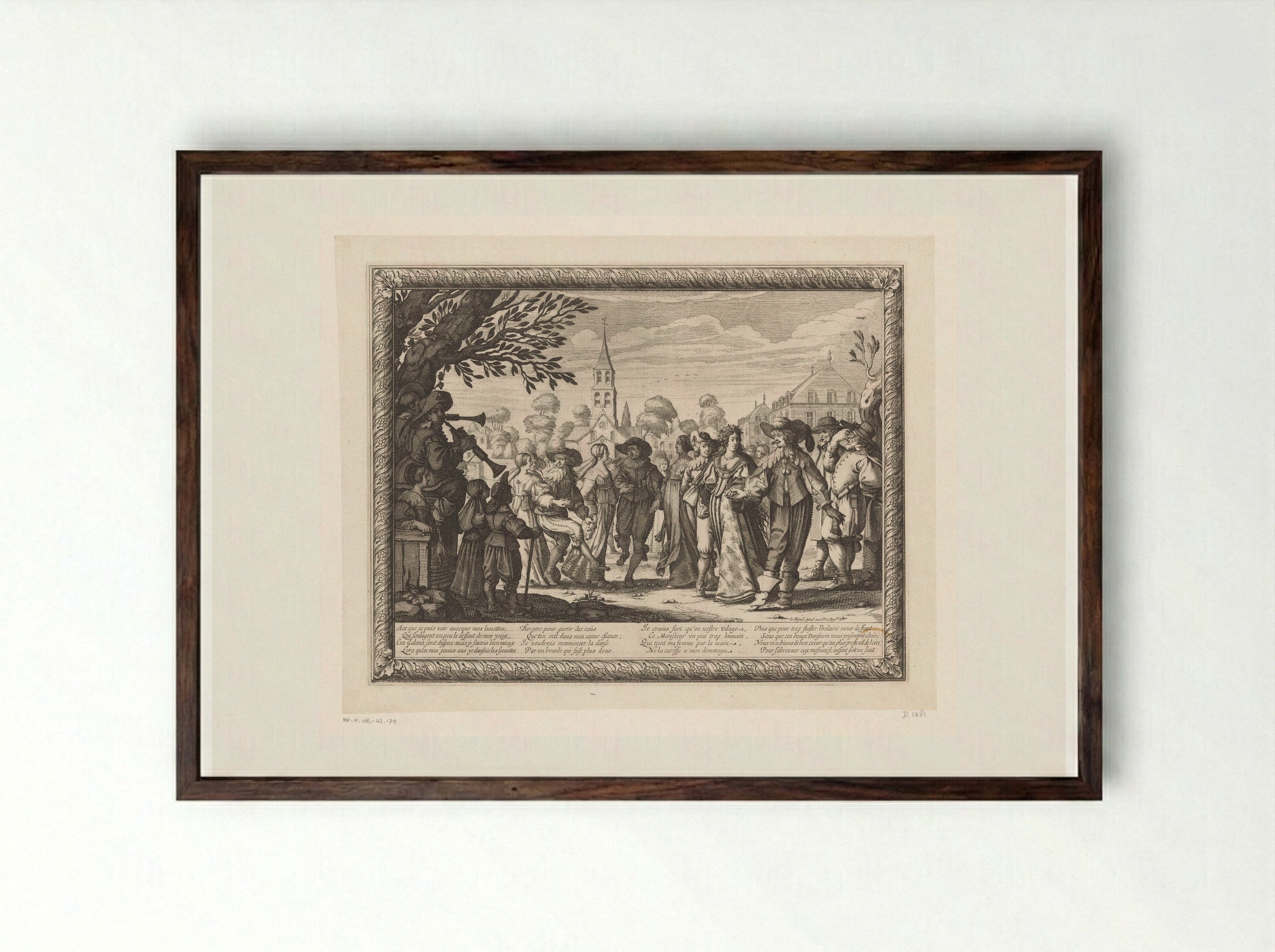 Dorpsfeest op een plein met bruiloftsdans - Abraham Bosse - Framed Print Dark Wood