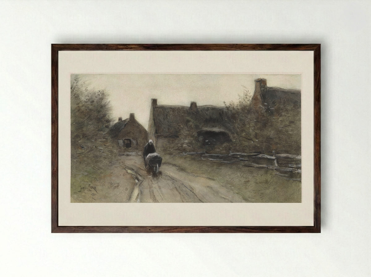 Dorpsgezicht met vrouw met kruiwagen - Jan van Essen - Framed Print Dark Wood