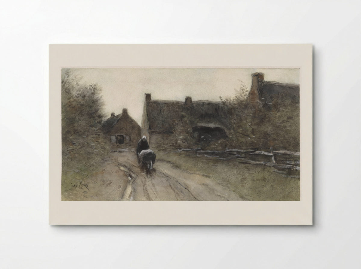 Dorpsgezicht met vrouw met kruiwagen - Jan van Essen - Poster