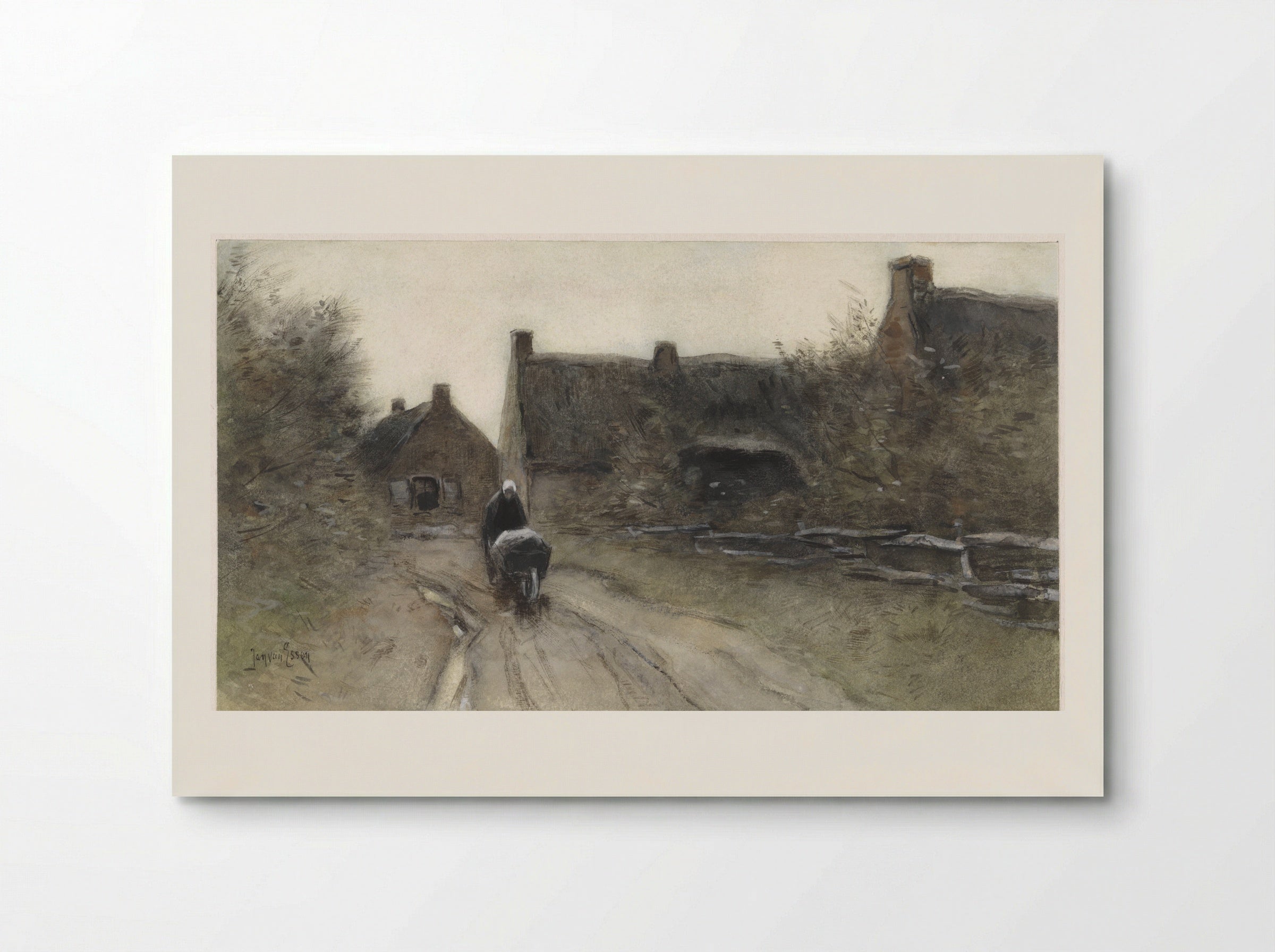 Dorpsgezicht met vrouw met kruiwagen - Jan van Essen - Poster