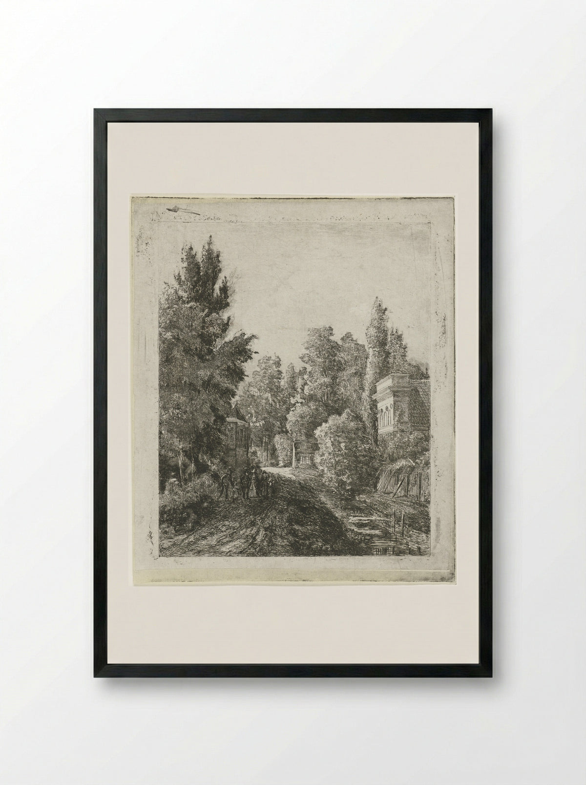 Dorpsstraat met een wandelend gezelschap - Johannes Adrianus van der Drift - Framed Print Black