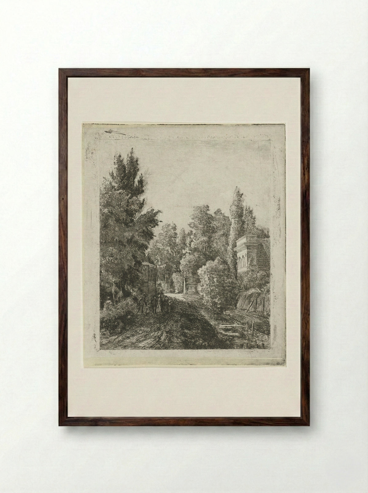 Dorpsstraat met een wandelend gezelschap - Johannes Adrianus van der Drift - Framed Print Dark Wood