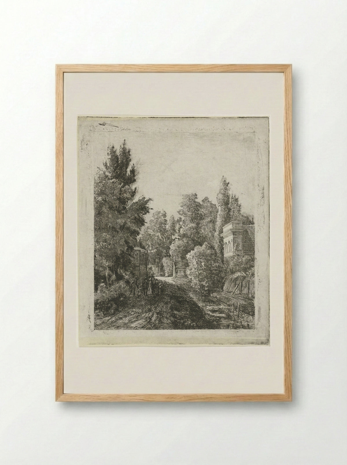 Dorpsstraat met een wandelend gezelschap - Johannes Adrianus van der Drift - Framed Print Wood