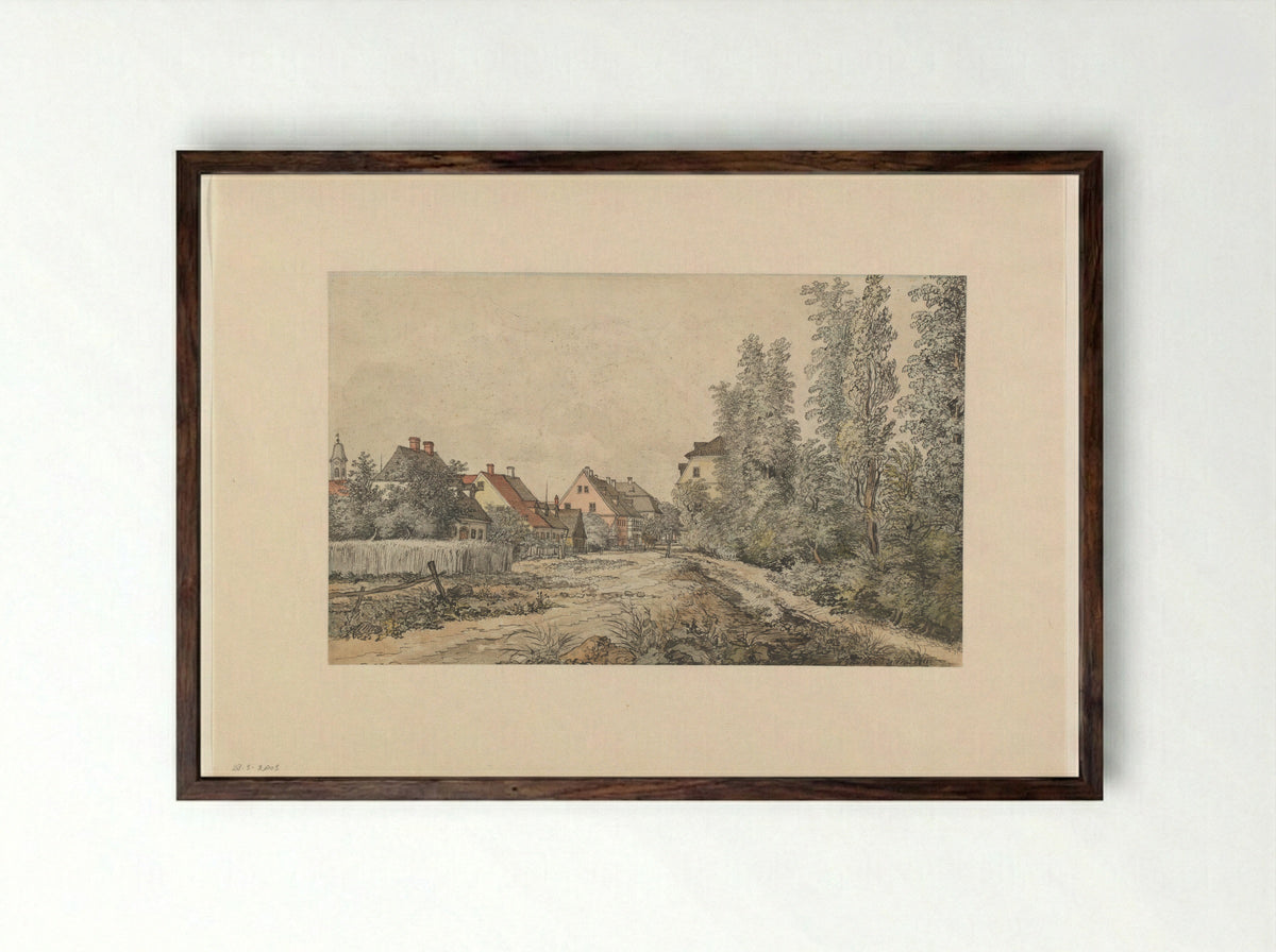 Dorpsweg met huizen (in Duitsland?) - Henry Edridge - Framed Print Dark Wood