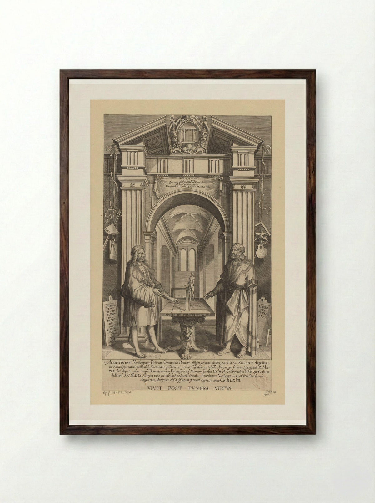 Double Portrait of Albrecht Dürer in an Architectural Setting - Lucas Kilian - Framed Print Dark Wood