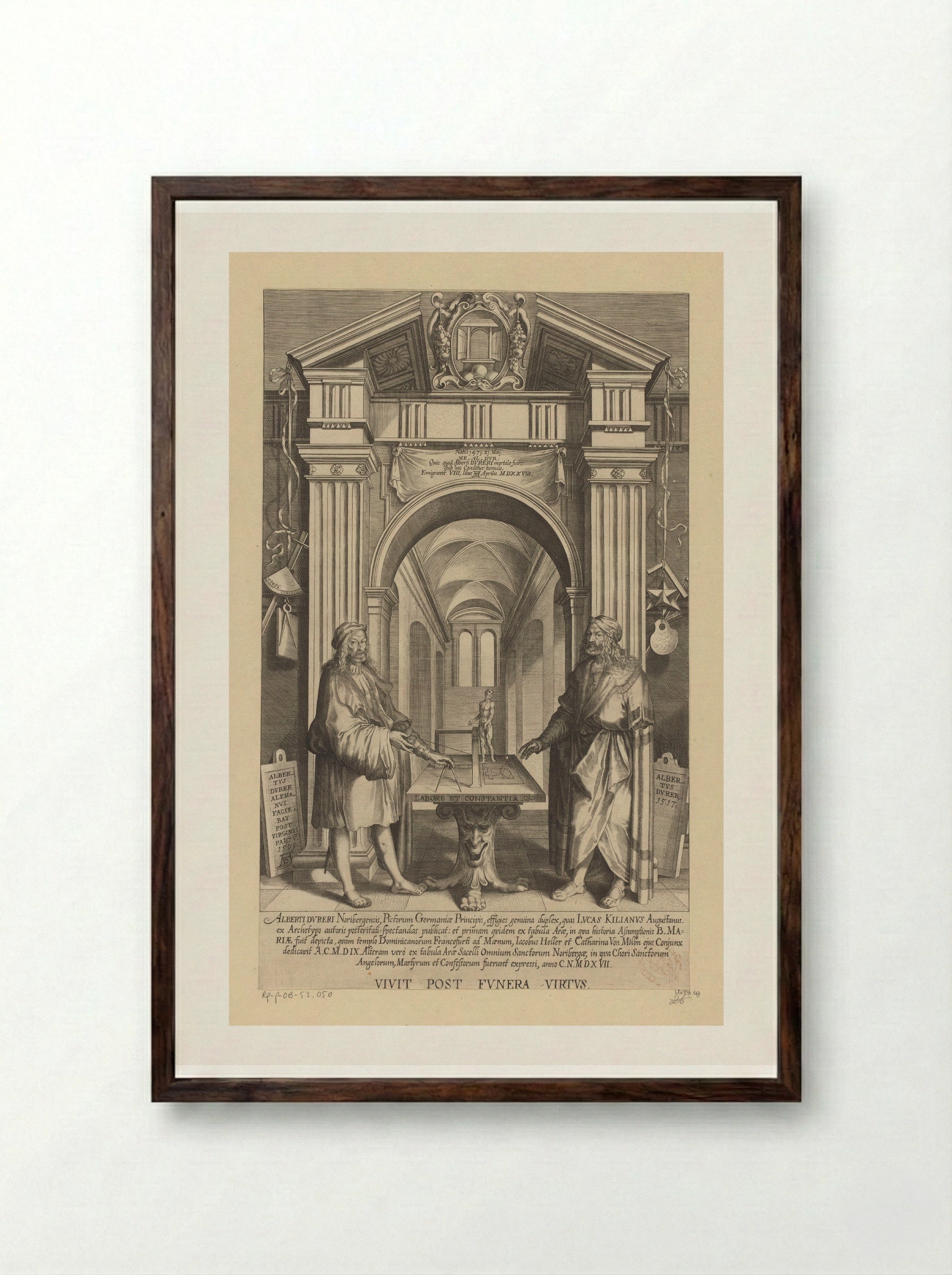 Double Portrait of Albrecht Dürer in an Architectural Setting - Lucas Kilian - Framed Print Dark Wood