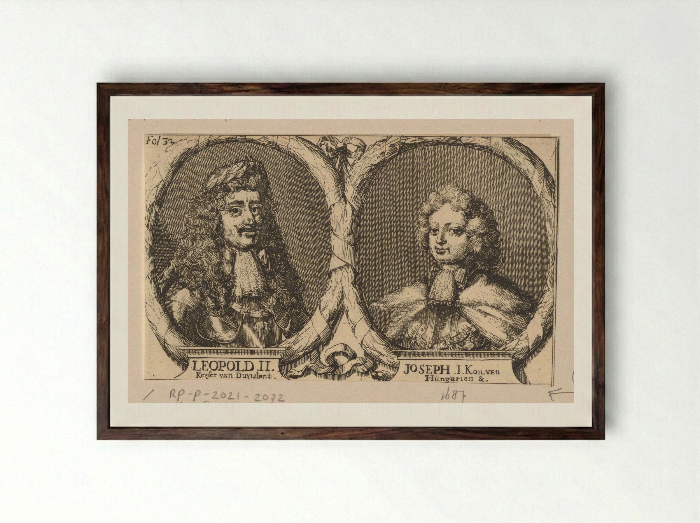 Double Portrait of Emperor Leopold I and Joseph I as King of Hungary - Romeyn de Hooghe - Framed Print Dark Wood