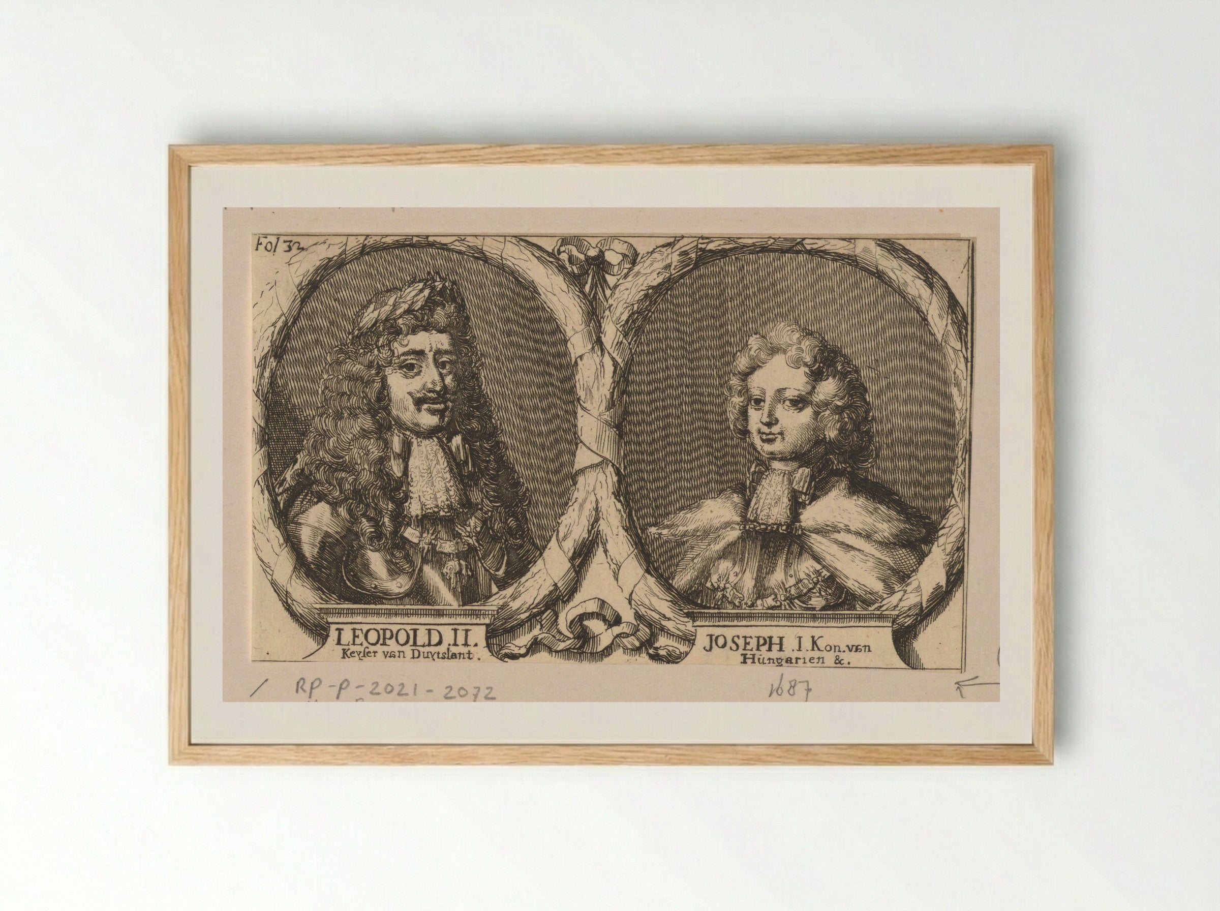 Double Portrait of Emperor Leopold I and Joseph I as King of Hungary - Romeyn de Hooghe - Framed Print Wood