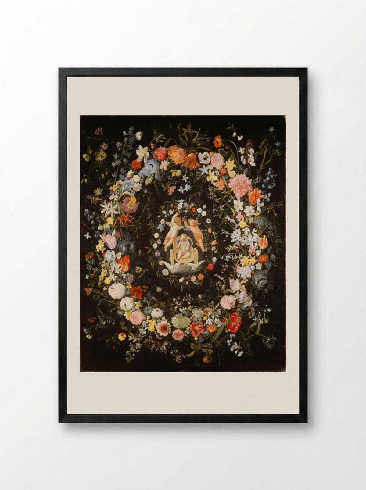 Double wreath surrounding a medallion with the triumph of love - Domenichino - Framed Print Black