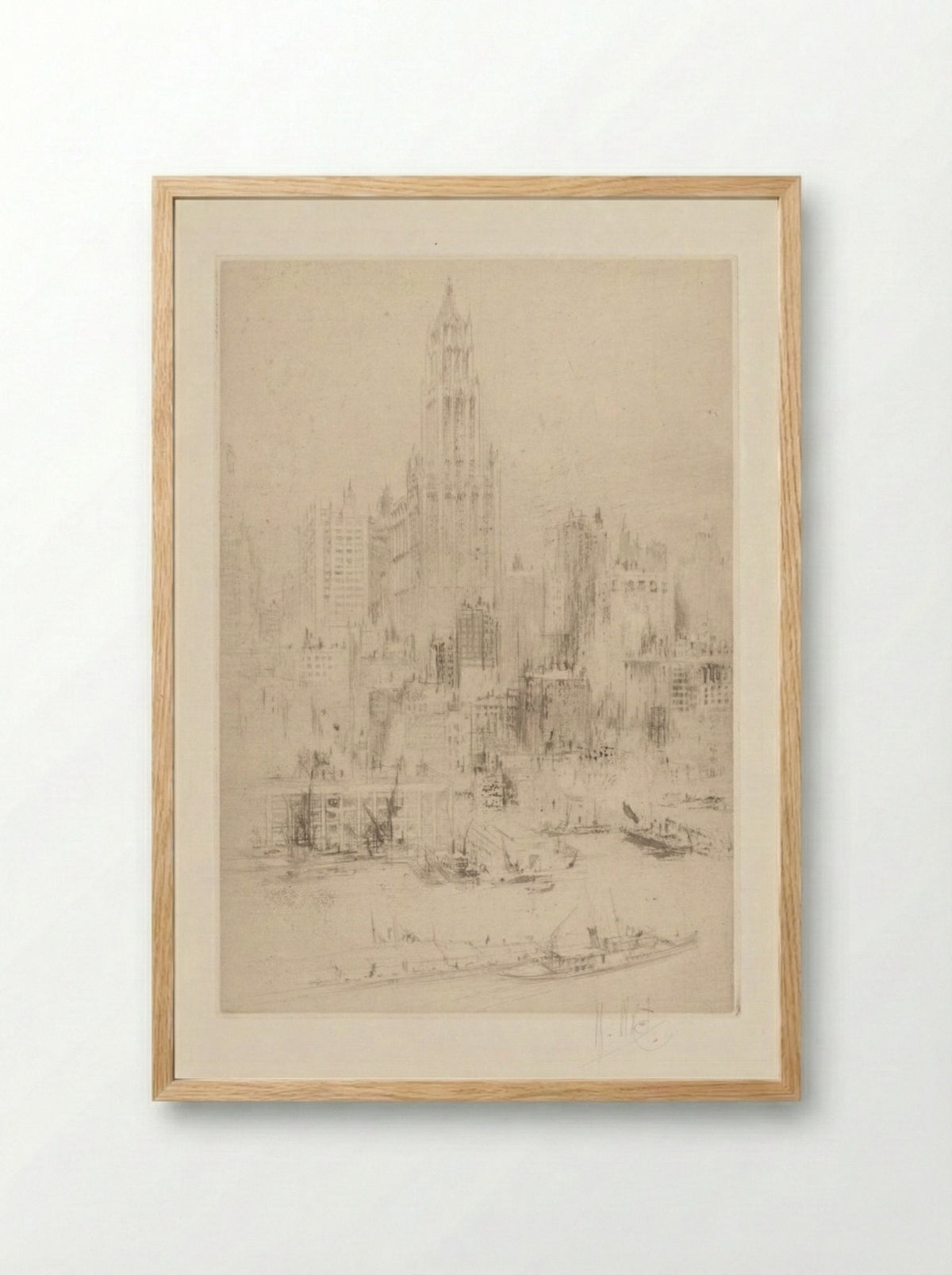 Downtown Manhattan from the East River, with the Woolworth Building - William Walcot - Framed Print Wood
