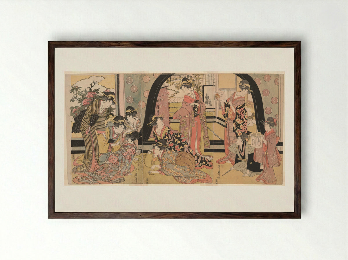 Drawing Lots for Prizes (Ho biki) - Kitagawa Utamaro - Framed Print Dark Wood