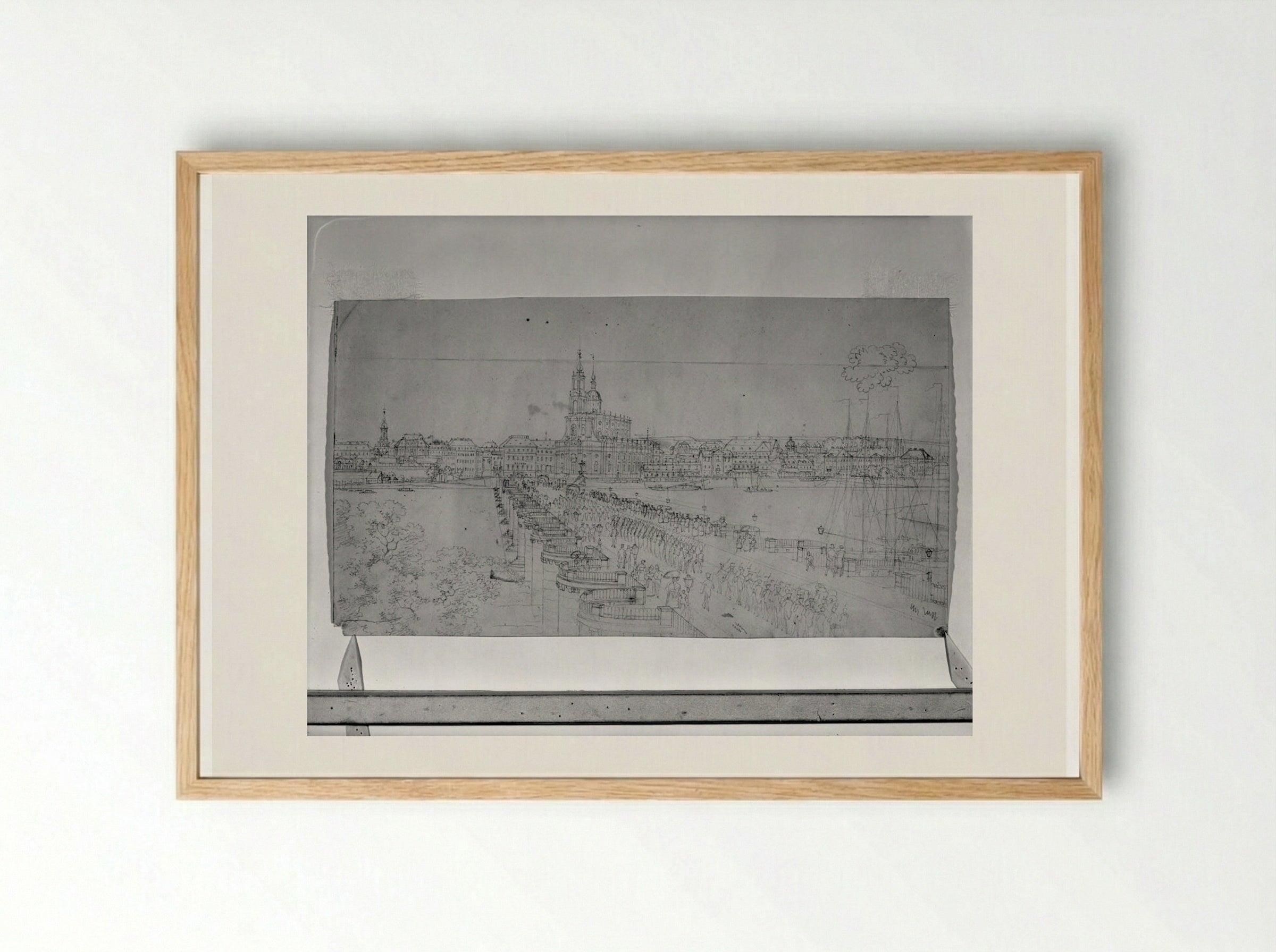 Dresden: A View of the Augustus Bridge Looking toward the Hofkirche - Adrian Ludwig Richter - Framed Print Wood