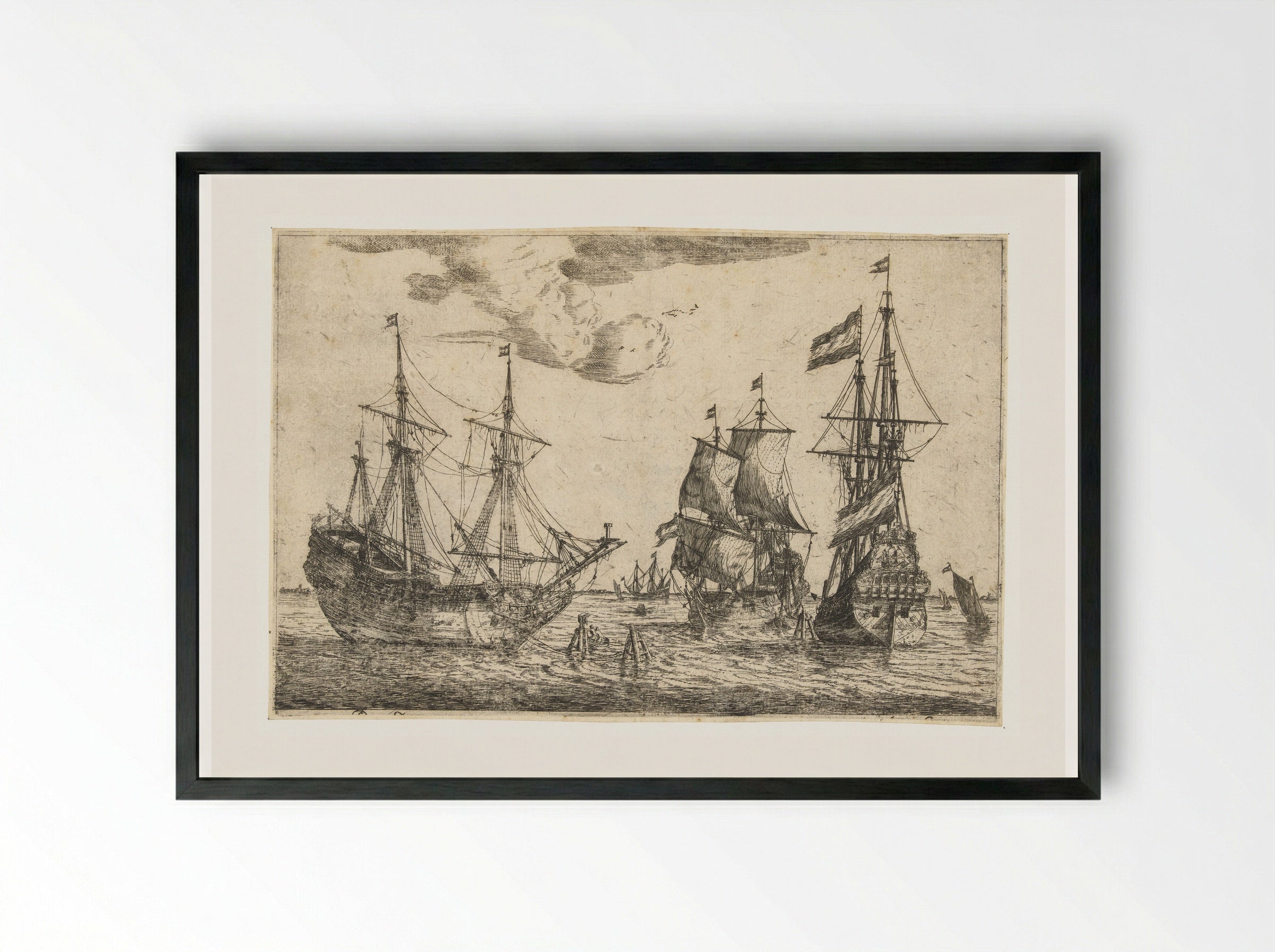 Drie aangemeerde zeilschepen - Reinier Nooms - Framed Print Black