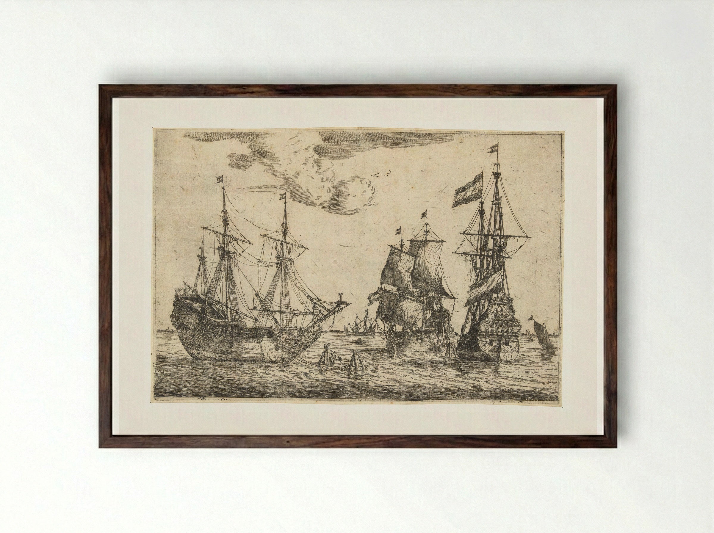 Drie aangemeerde zeilschepen - Reinier Nooms - Framed Print Dark Wood