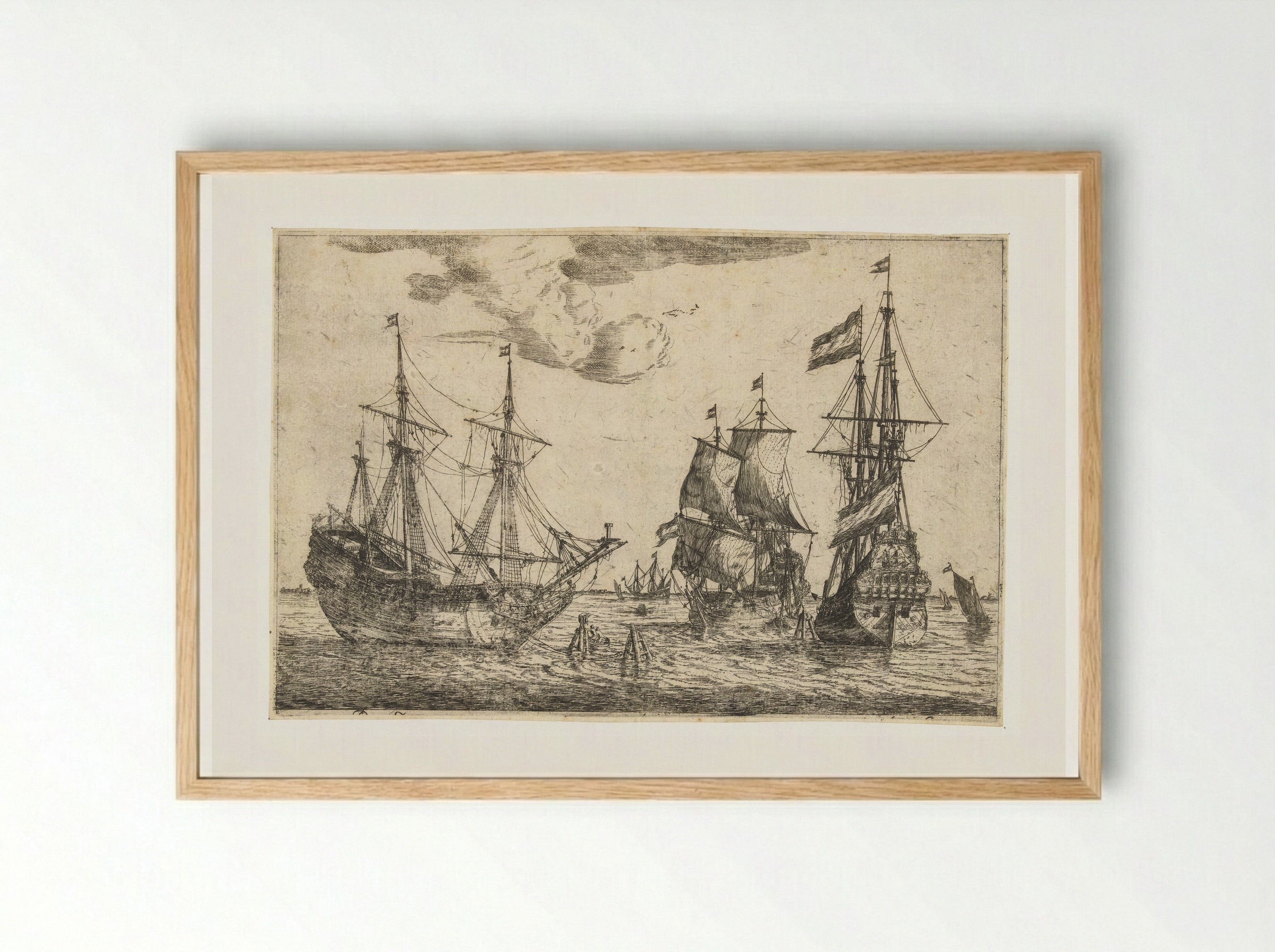 Drie aangemeerde zeilschepen - Reinier Nooms - Framed Print Wood