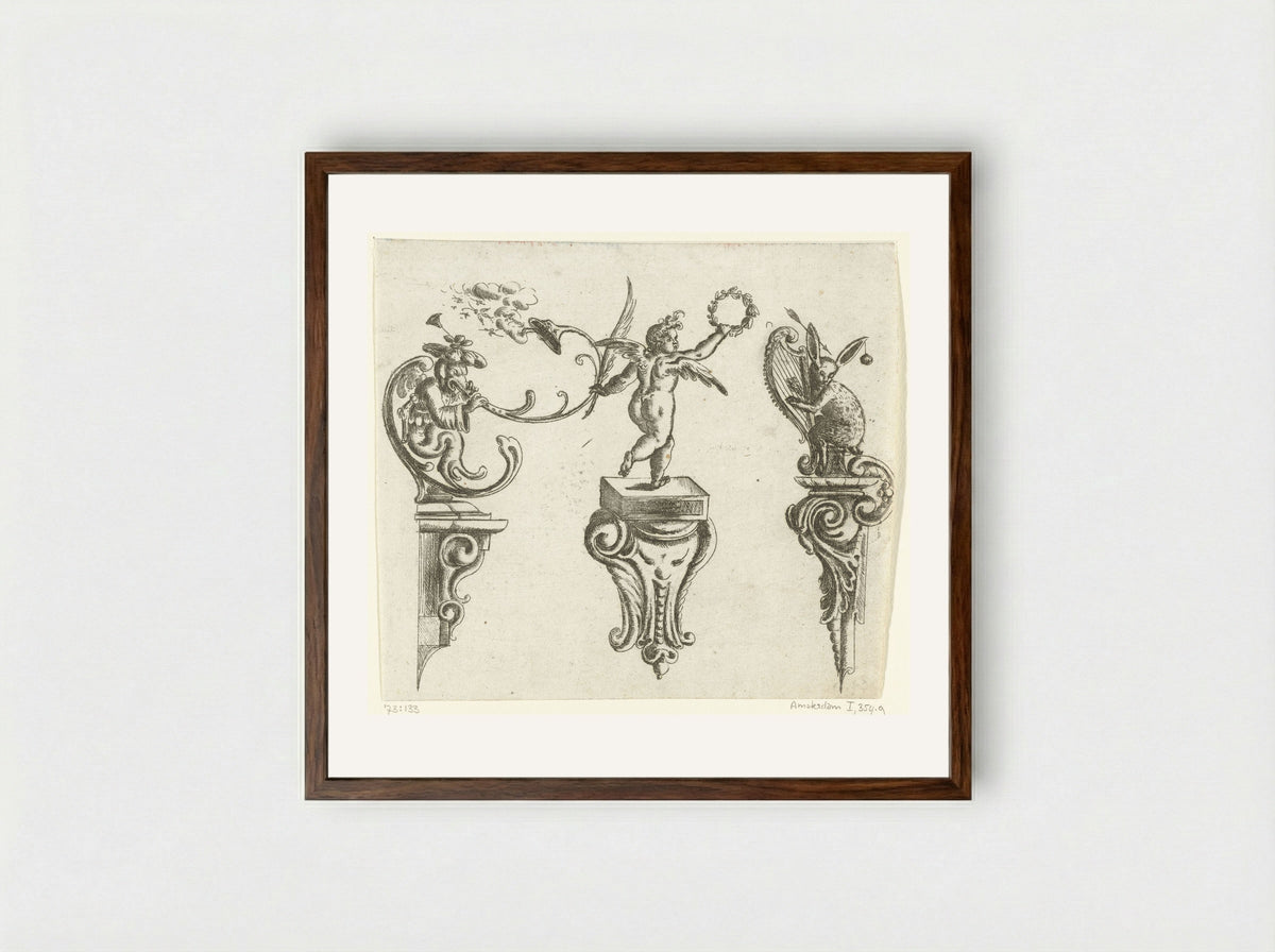 Drie consoles (Three Consoles) - Christoph Jamnitzer - Framed Print Dark Wood