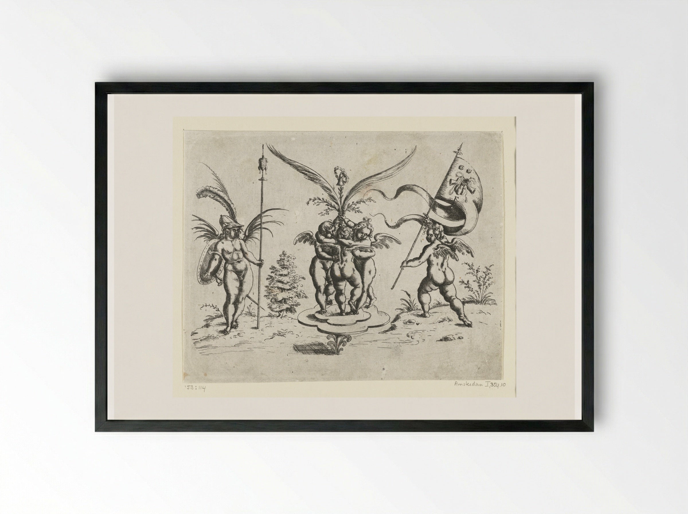 Drie elkaar omarmende putti op een klaverbladvormig plateau - Christoph Jamnitzer - Framed Print Black