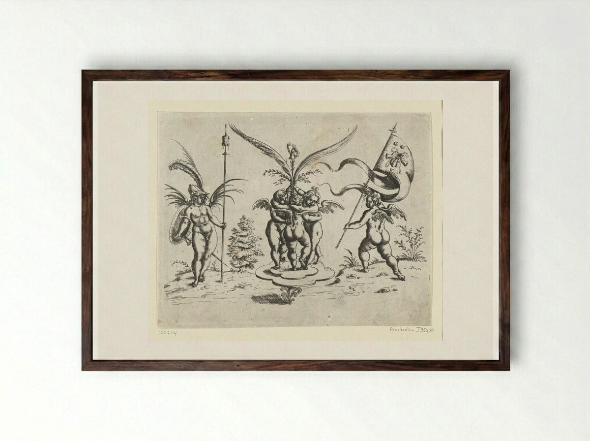Drie elkaar omarmende putti op een klaverbladvormig plateau - Christoph Jamnitzer - Framed Print Dark Wood
