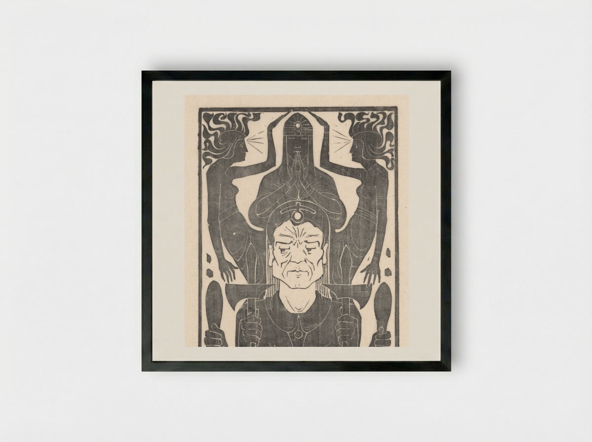 Drie figuren bij een bewapende man met vier armen - Karel Petrus Cornelis de Bazel - Framed Print Black