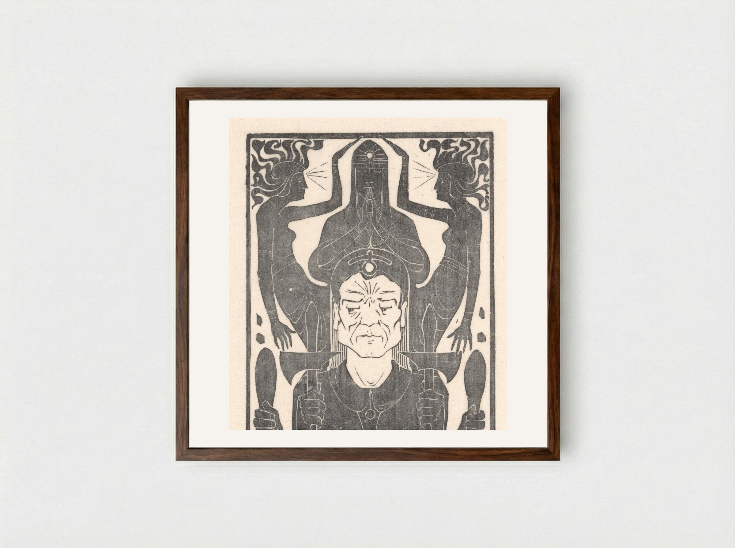Drie figuren bij een bewapende man met vier armen - Karel Petrus Cornelis de Bazel - Framed Print Dark Wood