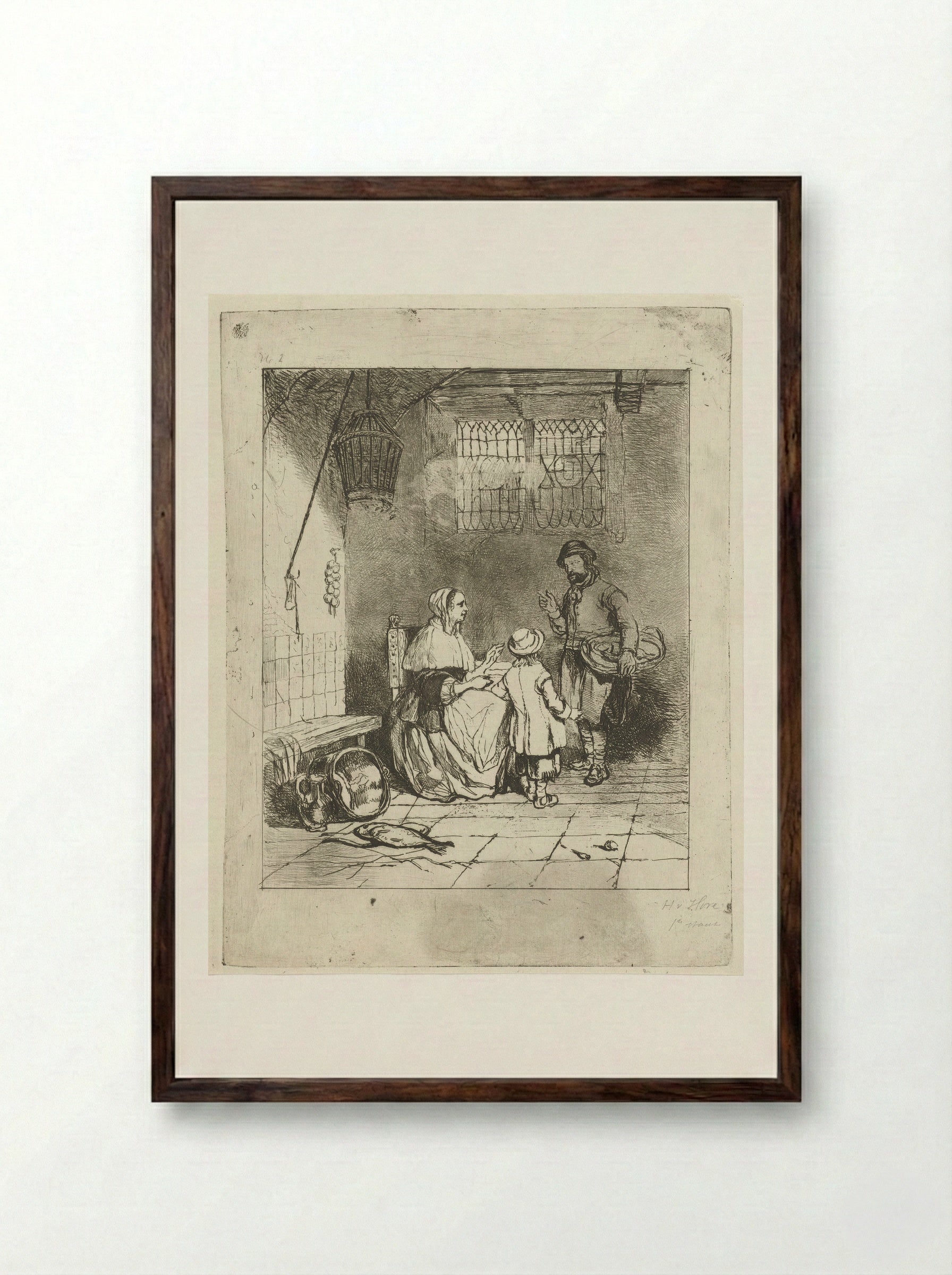 Drie figuren in een keukeninterieur - Huib van Hove Bz - Framed Print Dark Wood